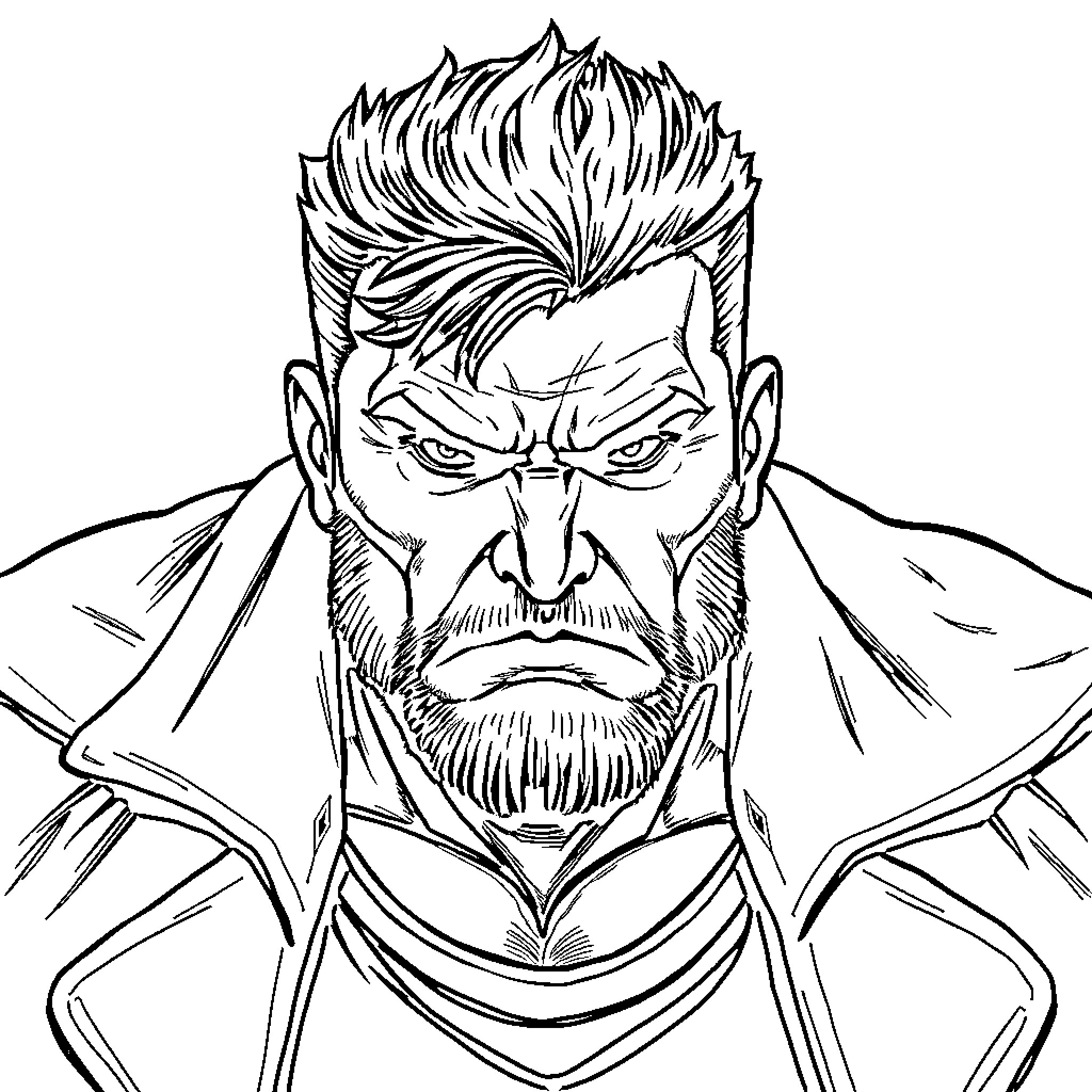 Homme depicts a stern, muscular character with a fierce expression Coloring Page (free black-and-white line drawing printable PDF for all, from beginners to advanced learners, including children, teens, adults, and seniors)