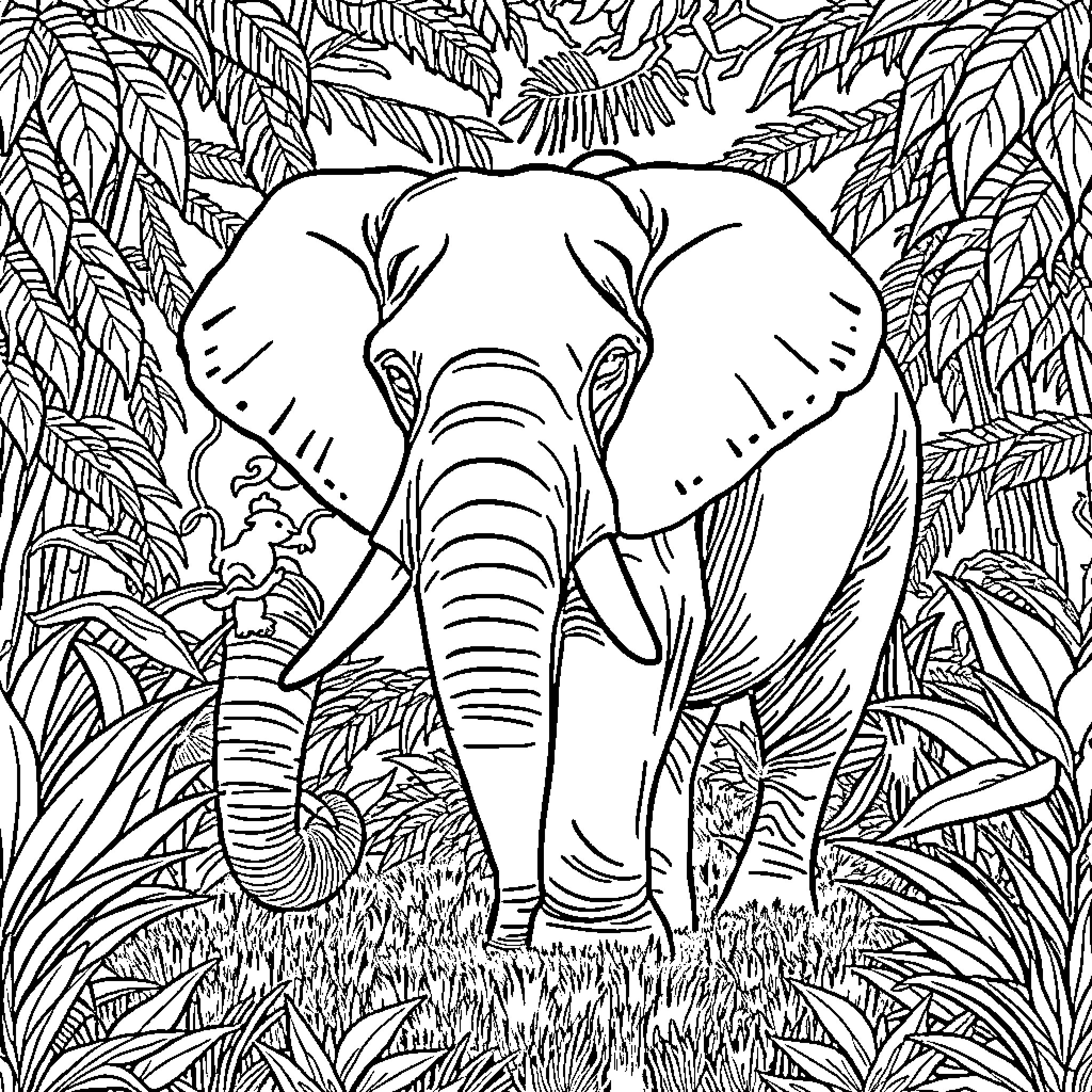 Elephant in the Jungle Coloring Page (free black-and-white line drawing printable PDF for all, from beginners to advanced learners, including children, teens, adults, and seniors)