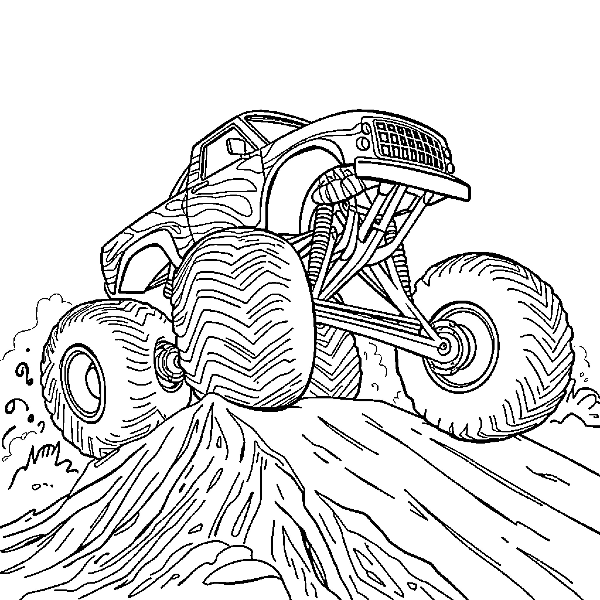 Monster Truck Crushing Terrain on the Road Coloring Page (free black-and-white line drawing printable PDF for all, from beginners to advanced learners, including children, teens, adults, and seniors)