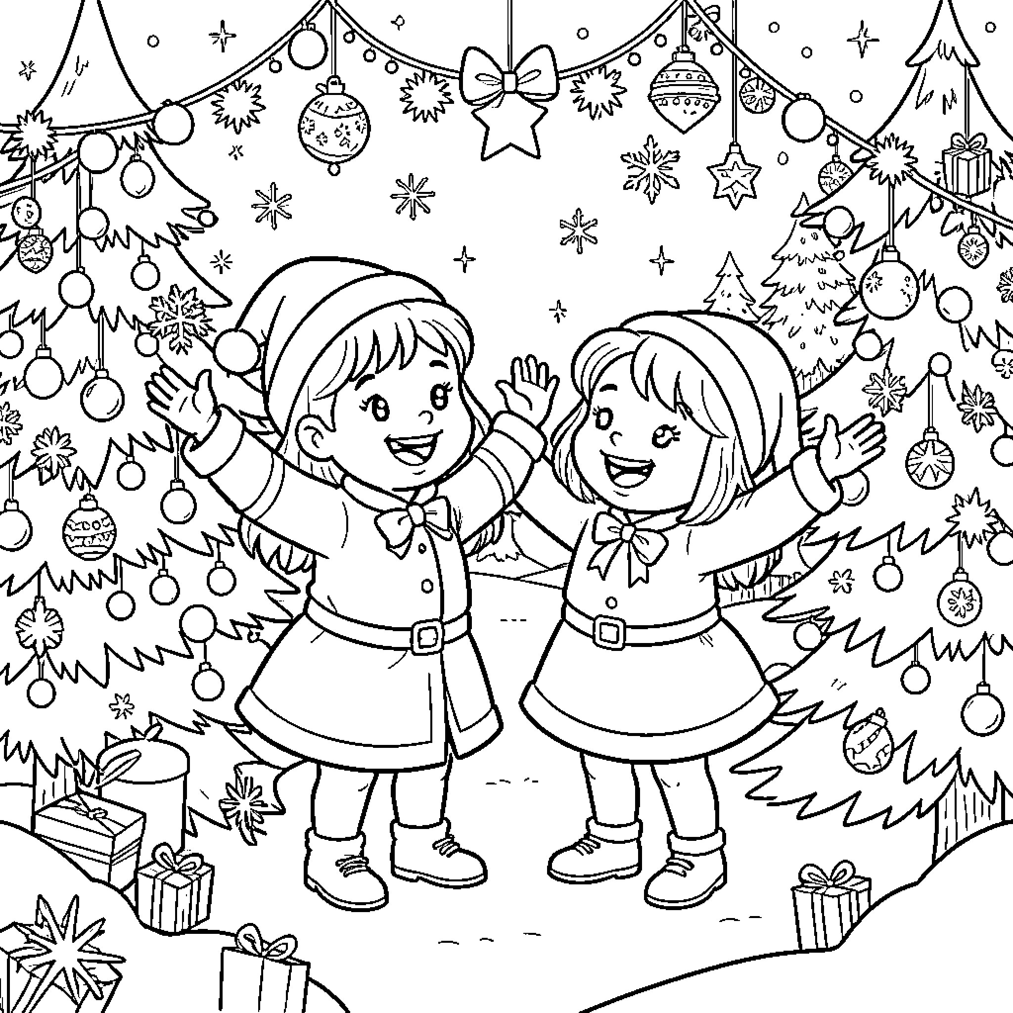 Bibi und Tina celebrating joyful holiday scenes Coloring Page (free black-and-white line drawing printable PDF for all, from beginners to advanced learners, including children, teens, adults, and seniors)
