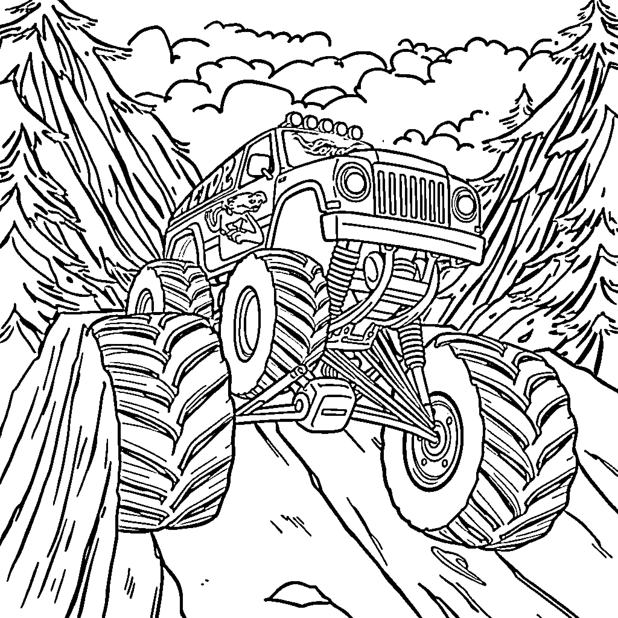 Monster Truck Soaring Through Rugged Terrain Coloring Page (free black-and-white line drawing printable PDF for all, from beginners to advanced learners, including children, teens, adults, and seniors)