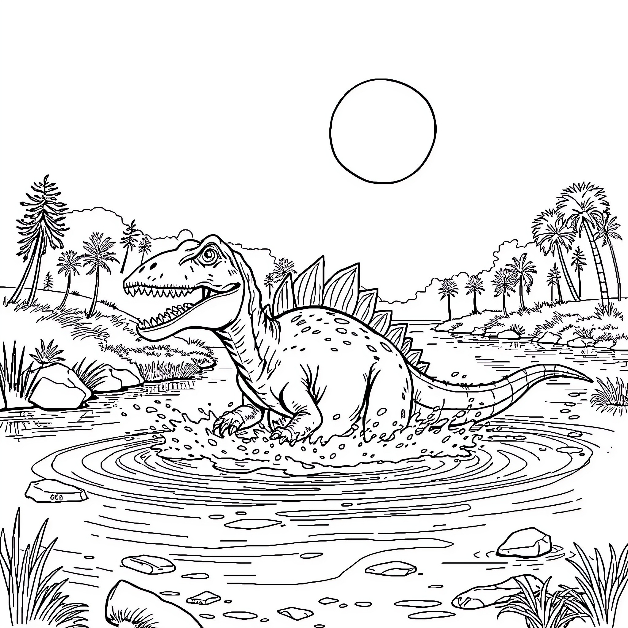 Spinosaurus in a prehistoric swamp scene Coloring Page (free black-and-white line drawing printable PDF for all, from beginners to advanced learners, including children, teens, adults, and seniors)