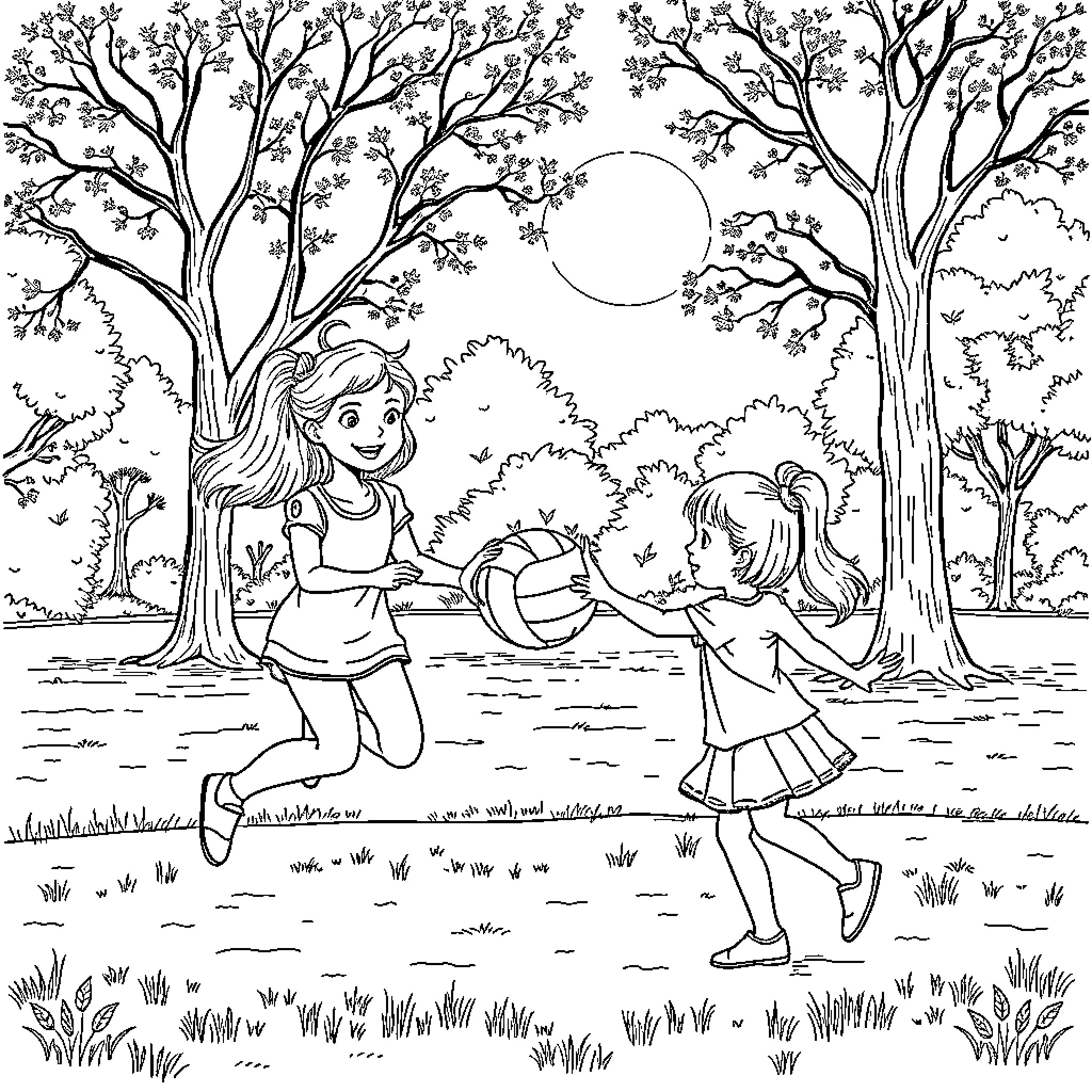 Volleyball Match Outdoors in Nature Coloring Page (free black-and-white line drawing printable PDF for all, from beginners to advanced learners, including children, teens, adults, and seniors)