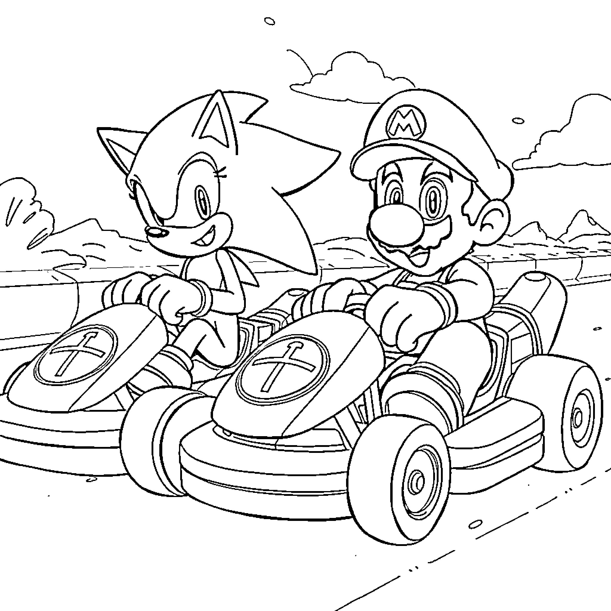 Sonic and Mario racing together in go-karts Coloring Page (free black-and-white line drawing printable PDF for all, from beginners to advanced learners, including children, teens, adults, and seniors)