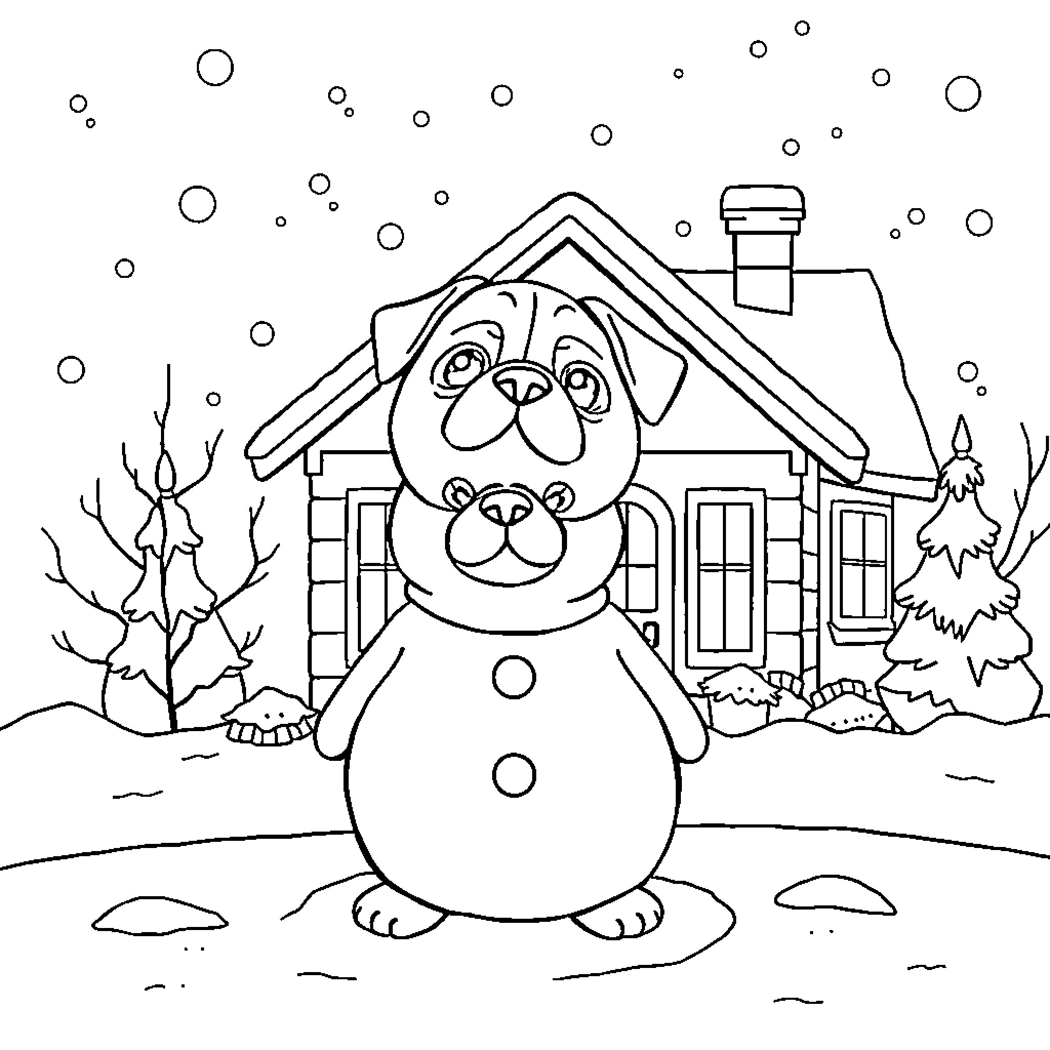 Pug playing in the snow near a house Coloring Page (free black-and-white line drawing printable PDF for all, from beginners to advanced learners, including children, teens, adults, and seniors)