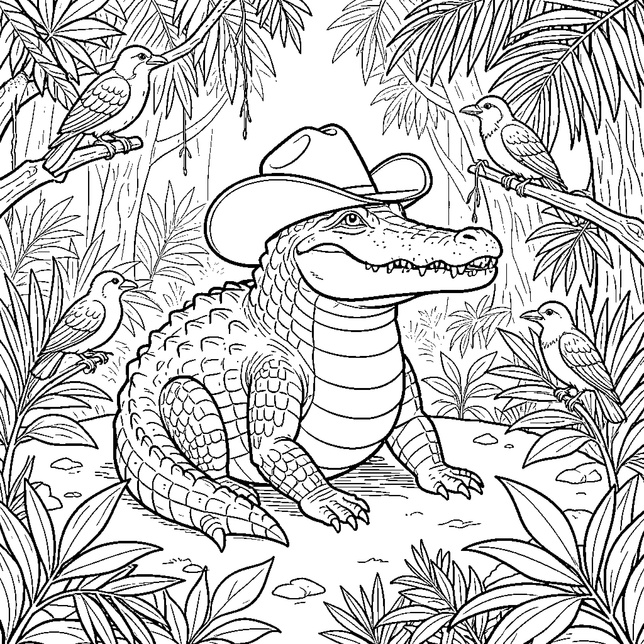 Crocodile wearing a cowboy hat in the jungle Coloring Page (free black-and-white line drawing printable PDF for all, from beginners to advanced learners, including children, teens, adults, and seniors)