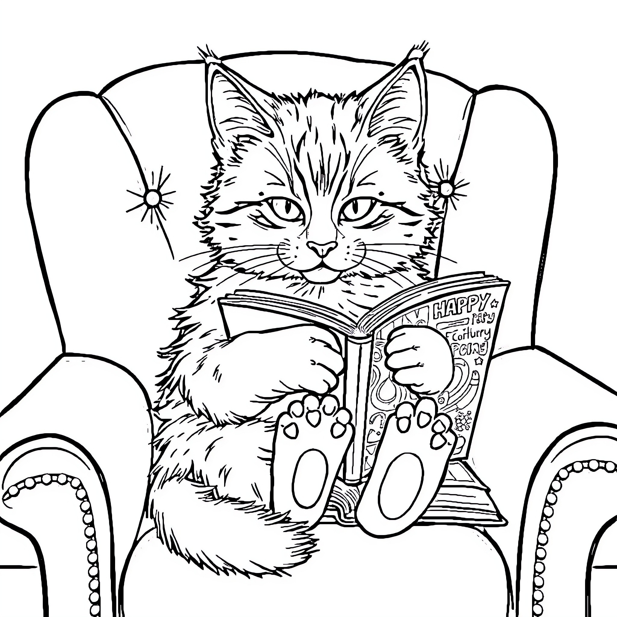 Cat reading a book in a chair Coloring Page (free black-and-white line drawing printable PDF for all, from beginners to advanced learners, including children, teens, adults, and seniors)
