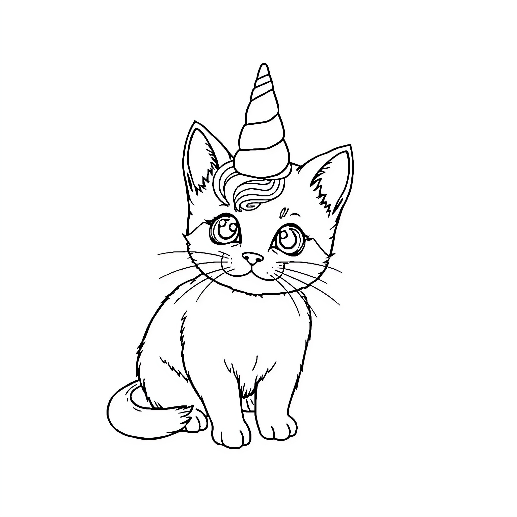 Unicorn Cat enjoying a whimsical adventure Coloring Page (free black-and-white line drawing printable PDF for all, from beginners to advanced learners, including children, teens, adults, and seniors)