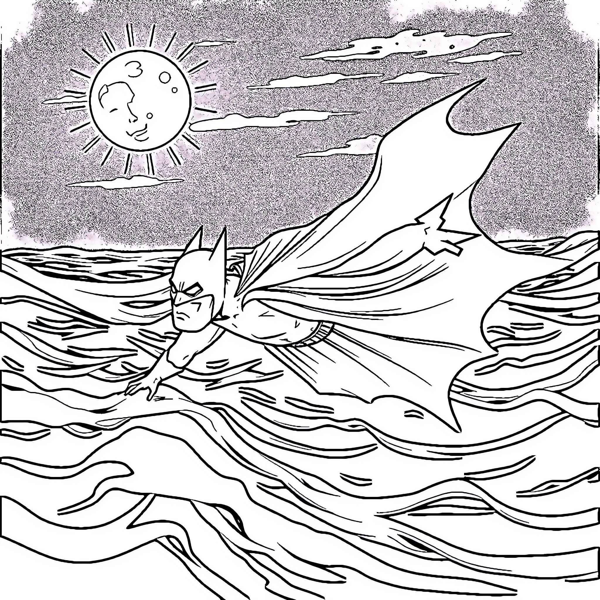 Batman soaring through the stormy skies Coloring Page (free black-and-white line drawing printable PDF for all, from beginners to advanced learners, including children, teens, adults, and seniors)
