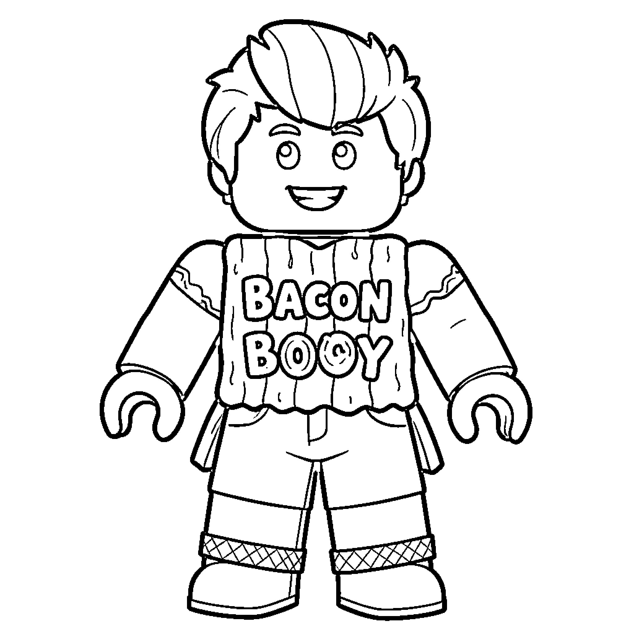 Bacon Boy smiling in a sweater and shorts Coloring Page (free black-and-white line drawing printable PDF for all, from beginners to advanced learners, including children, teens, adults, and seniors)