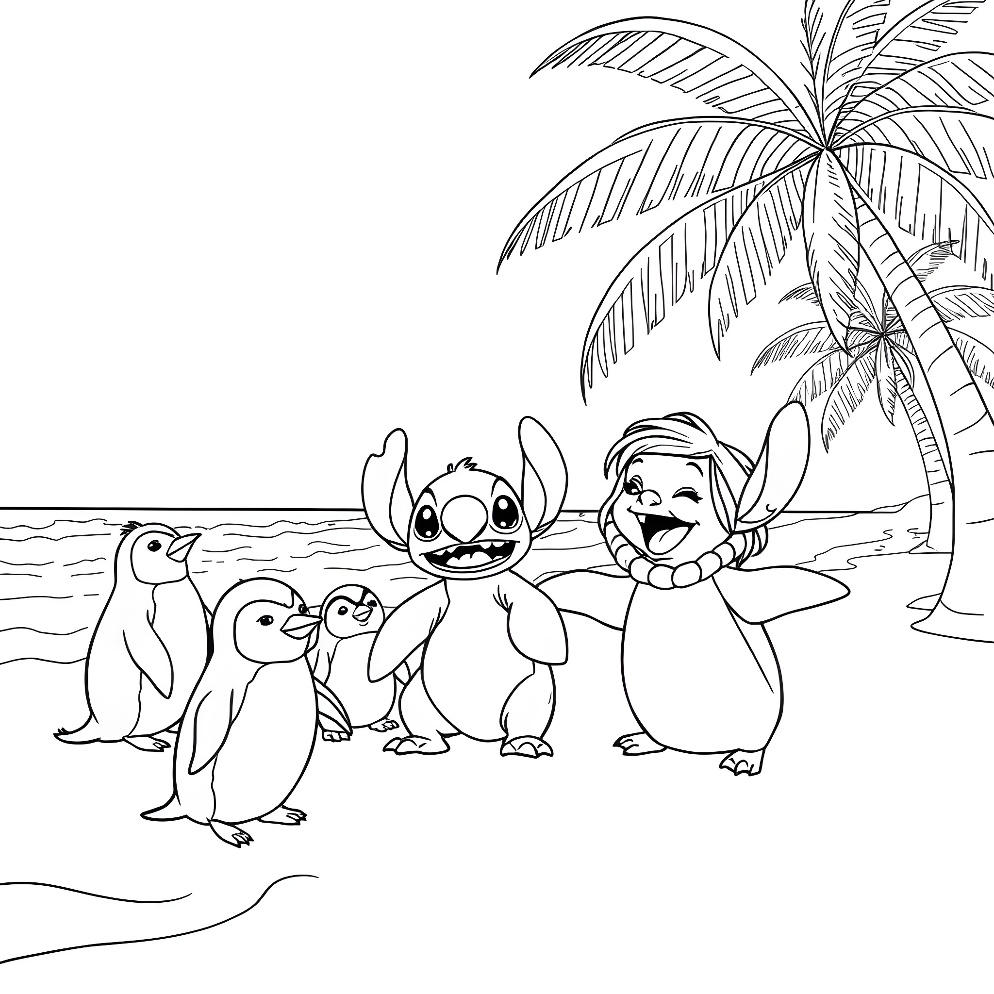 Lilo and friends having fun on the beach Coloring Page (free black-and-white line drawing printable PDF for all, from beginners to advanced learners, including children, teens, adults, and seniors)