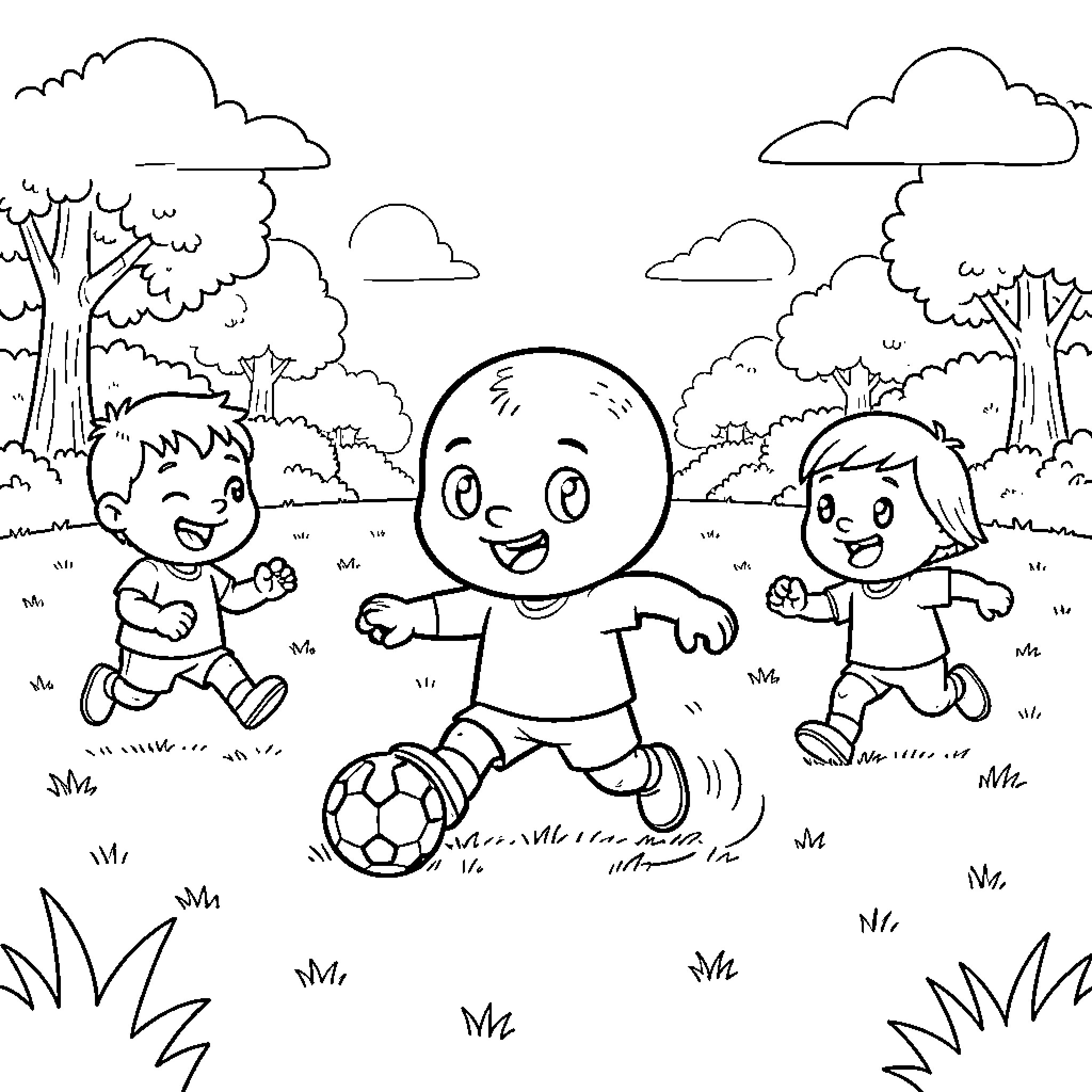 Tchoupi and friends playing soccer in a field Coloring Page (free black-and-white line drawing printable PDF for all, from beginners to advanced learners, including children, teens, adults, and seniors)