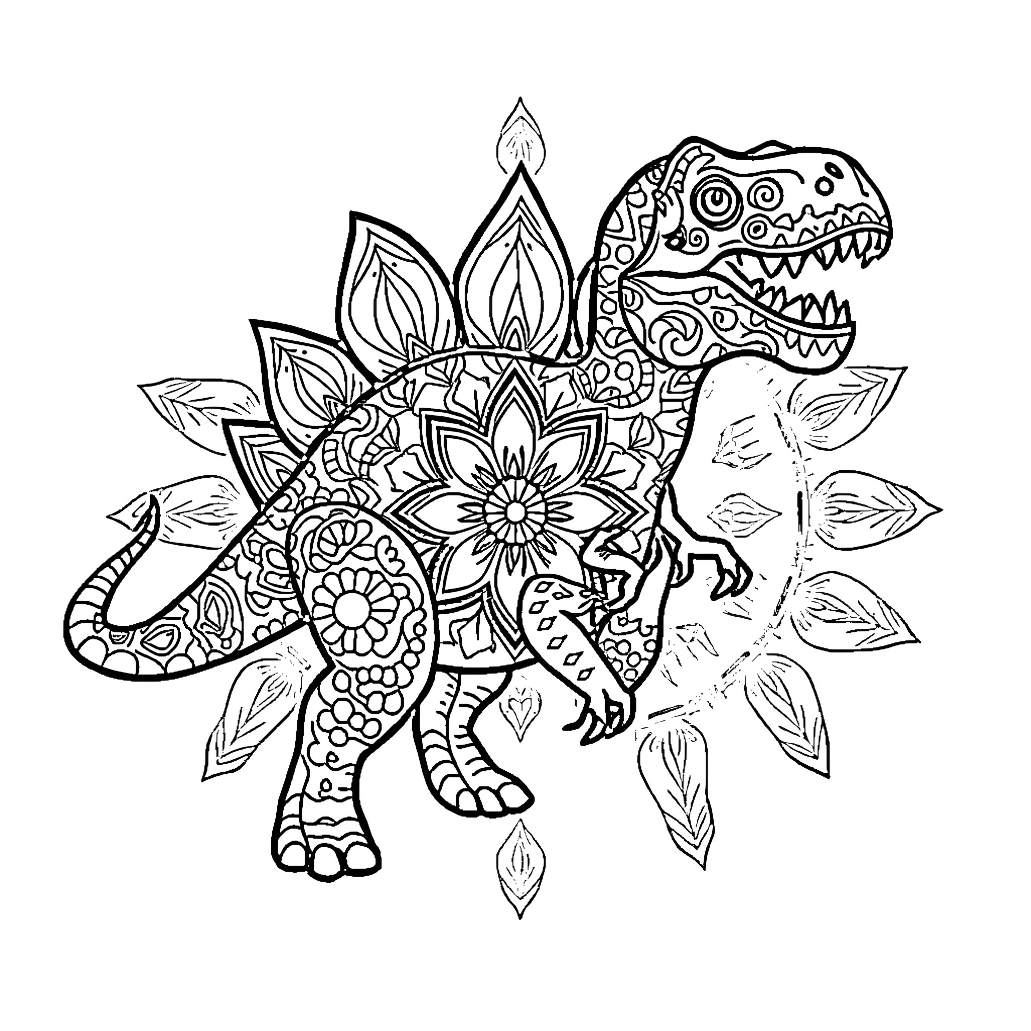 Dinosaur with Floral and Ornamental Patterns Coloring Page (free black-and-white line drawing printable PDF for all, from beginners to advanced learners, including children, teens, adults, and seniors)