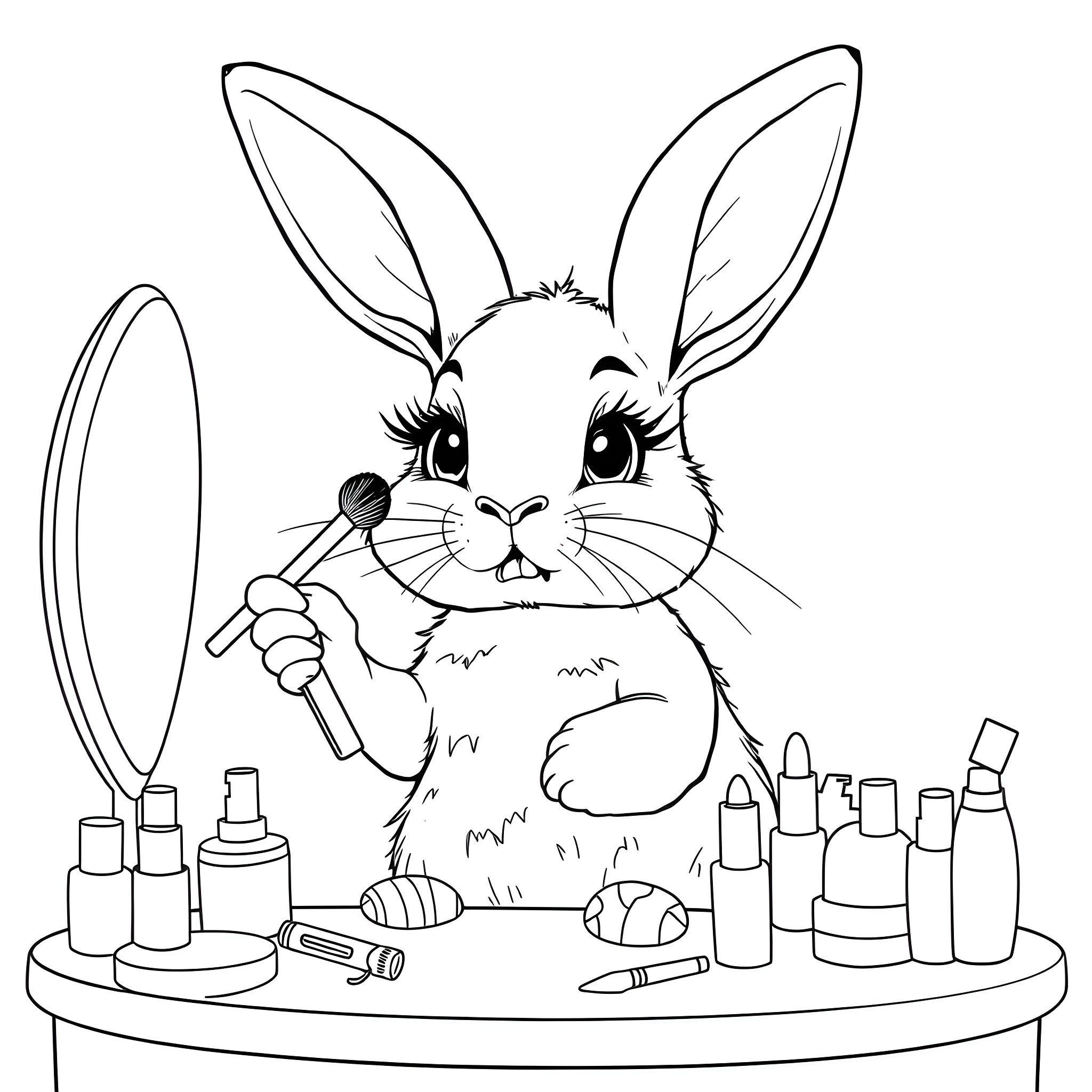 Rabbit applying makeup at vanity Coloring Page (free black-and-white line drawing printable PDF for all, from beginners to advanced learners, including children, teens, adults, and seniors)