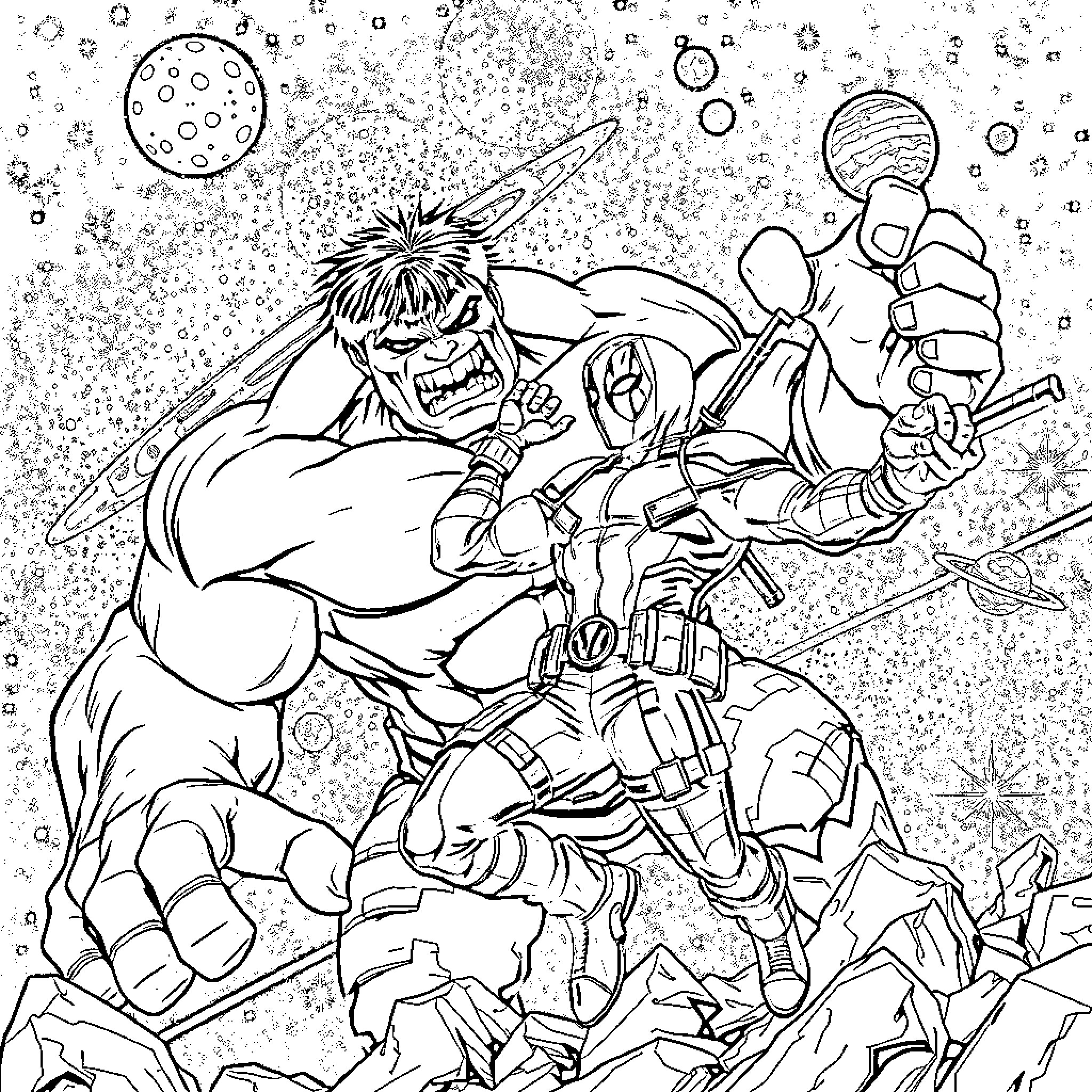Deadpool vs the Hulk in Space Battle Coloring Page (free black-and-white line drawing printable PDF for all, from beginners to advanced learners, including children, teens, adults, and seniors)