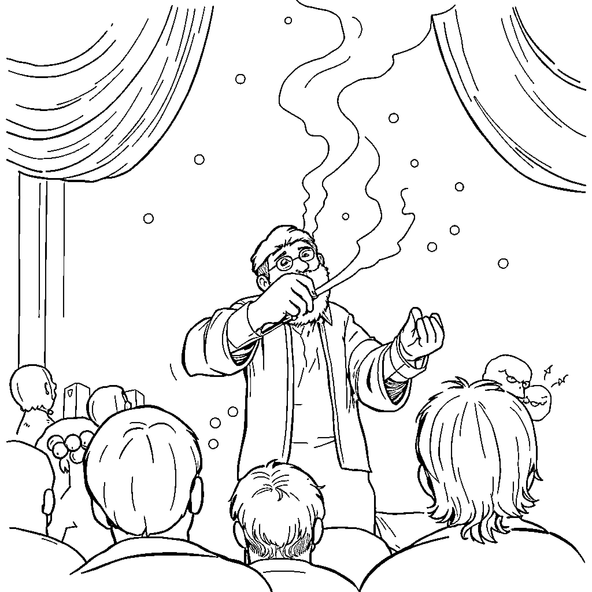Dragon Performer Entertaining Audience with Magic Coloring Page (free black-and-white line drawing printable PDF for all, from beginners to advanced learners, including children, teens, adults, and seniors)