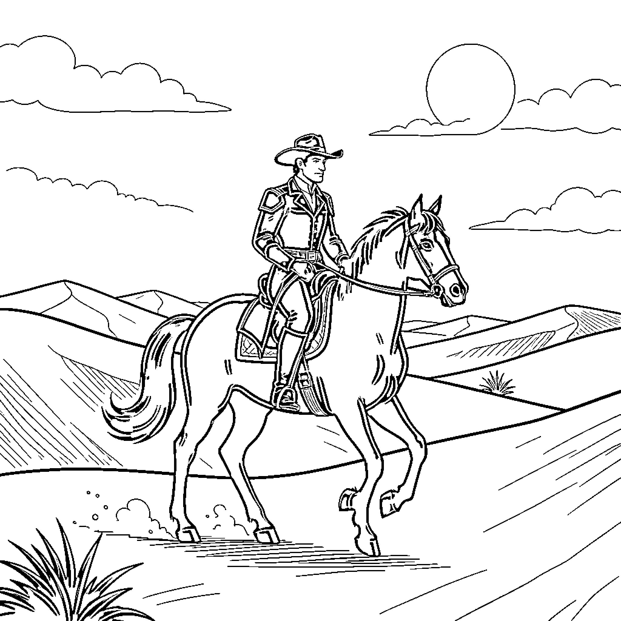 Zorro riding through the desert on horseback Coloring Page (free black-and-white line drawing printable PDF for all, from beginners to advanced learners, including children, teens, adults, and seniors)