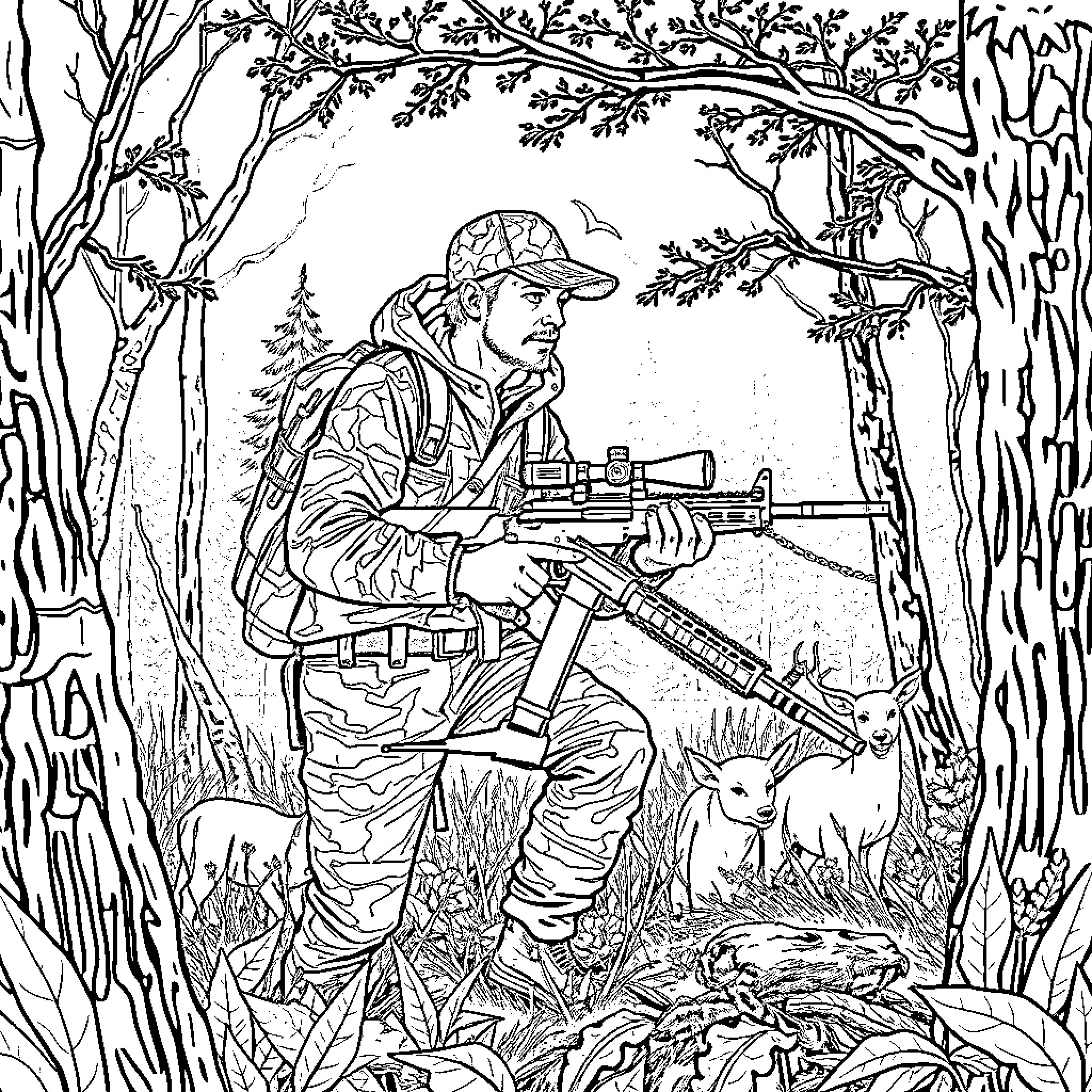 Hunter in Camouflage Gear Surveying the Forest Landscape Coloring Page (free black-and-white line drawing printable PDF for all, from beginners to advanced learners, including children, teens, adults, and seniors)