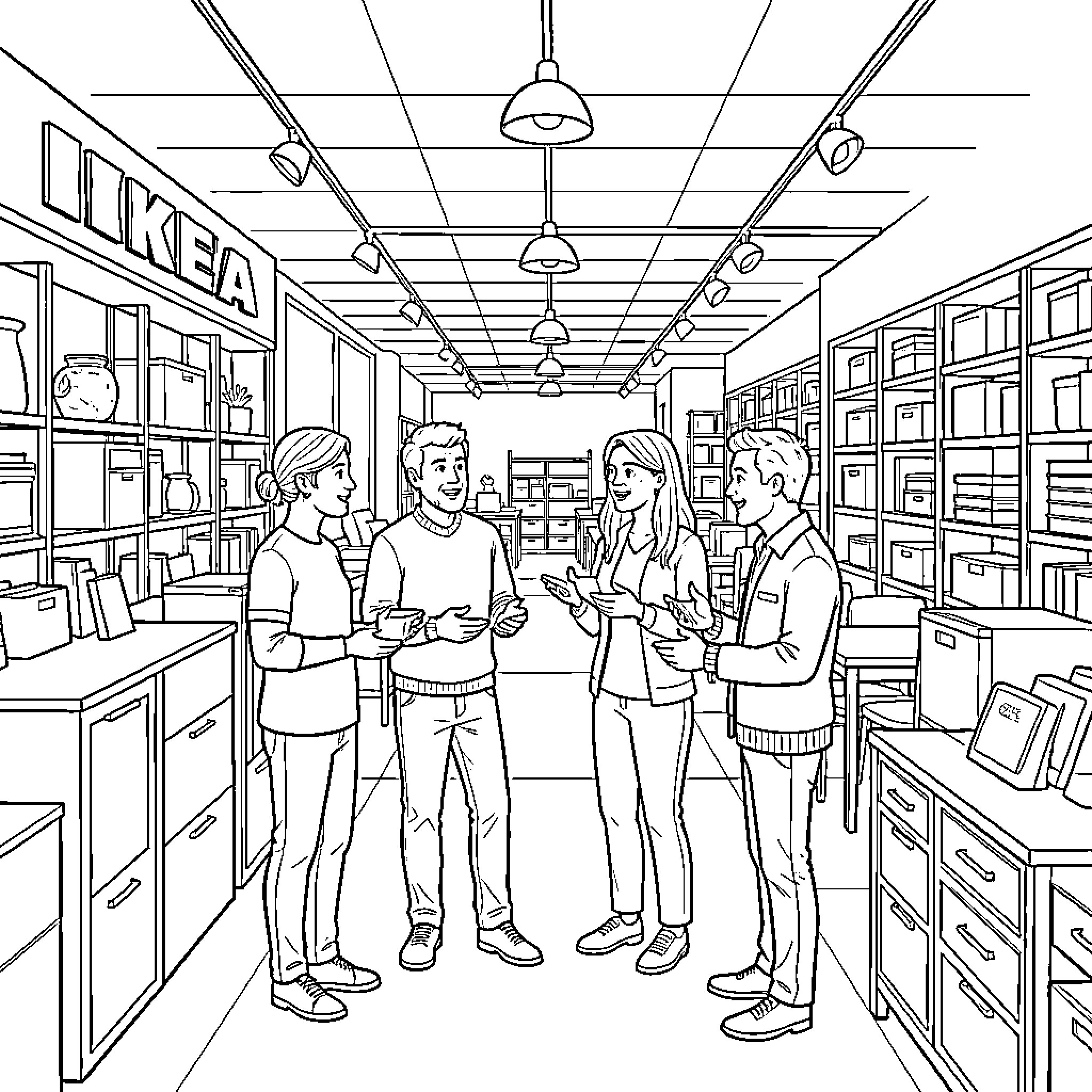 Fable of friends chatting in a store aisle Coloring Page (free black-and-white line drawing printable PDF for all, from beginners to advanced learners, including children, teens, adults, and seniors)