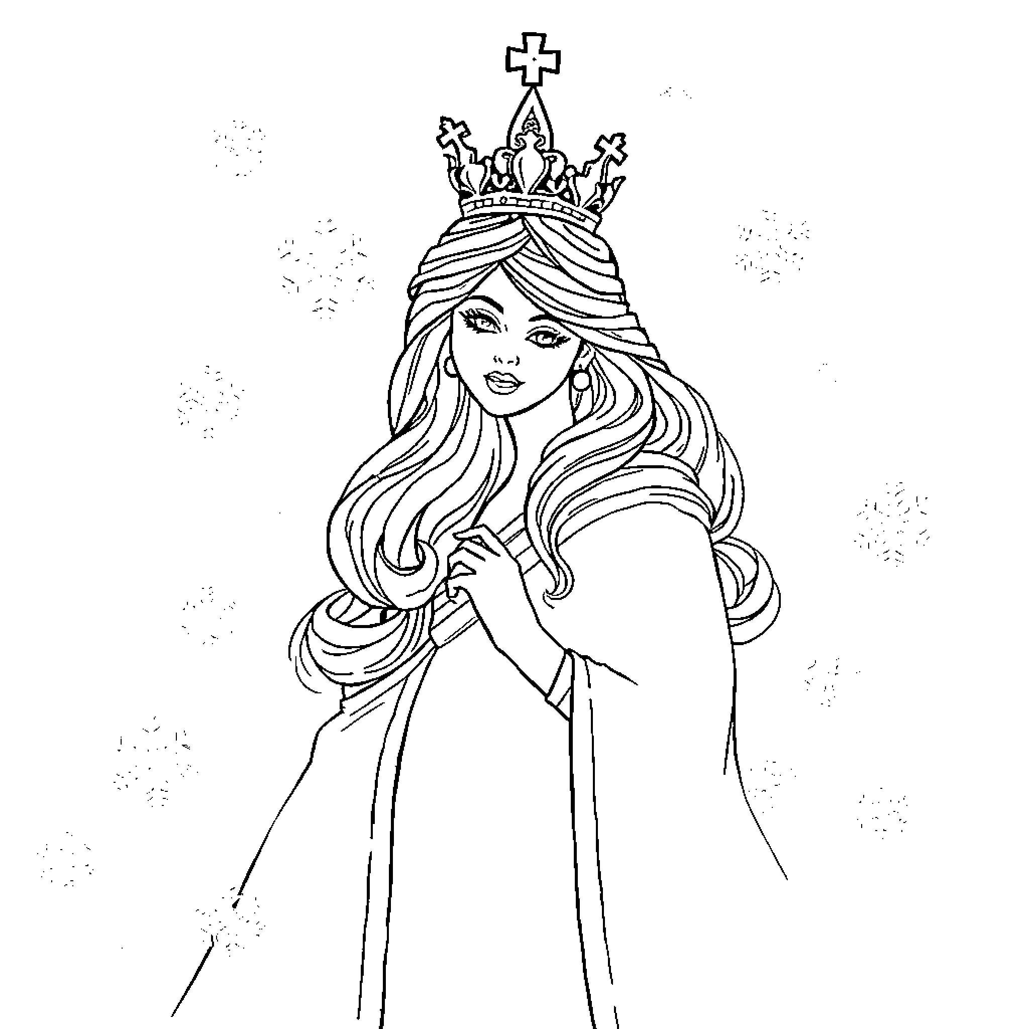 Queen in elegant gown with flowing hair and crown Coloring Page (free black-and-white line drawing printable PDF for all, from beginners to advanced learners, including children, teens, adults, and seniors)