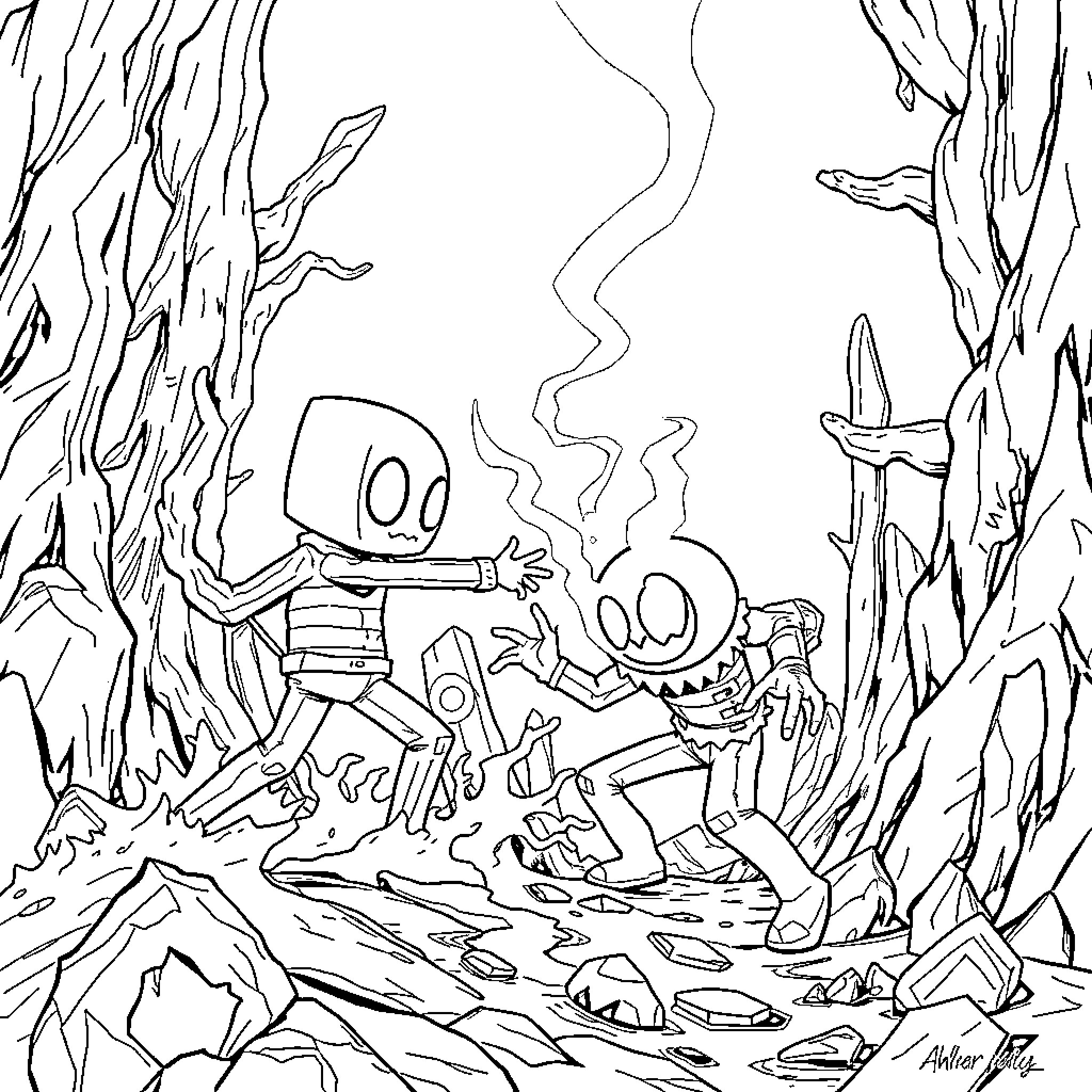 Ender's Skeletal Adventurers Exploring Treacherous Terrain Coloring Page (free black-and-white line drawing printable PDF for all, from beginners to advanced learners, including children, teens, adults, and seniors)