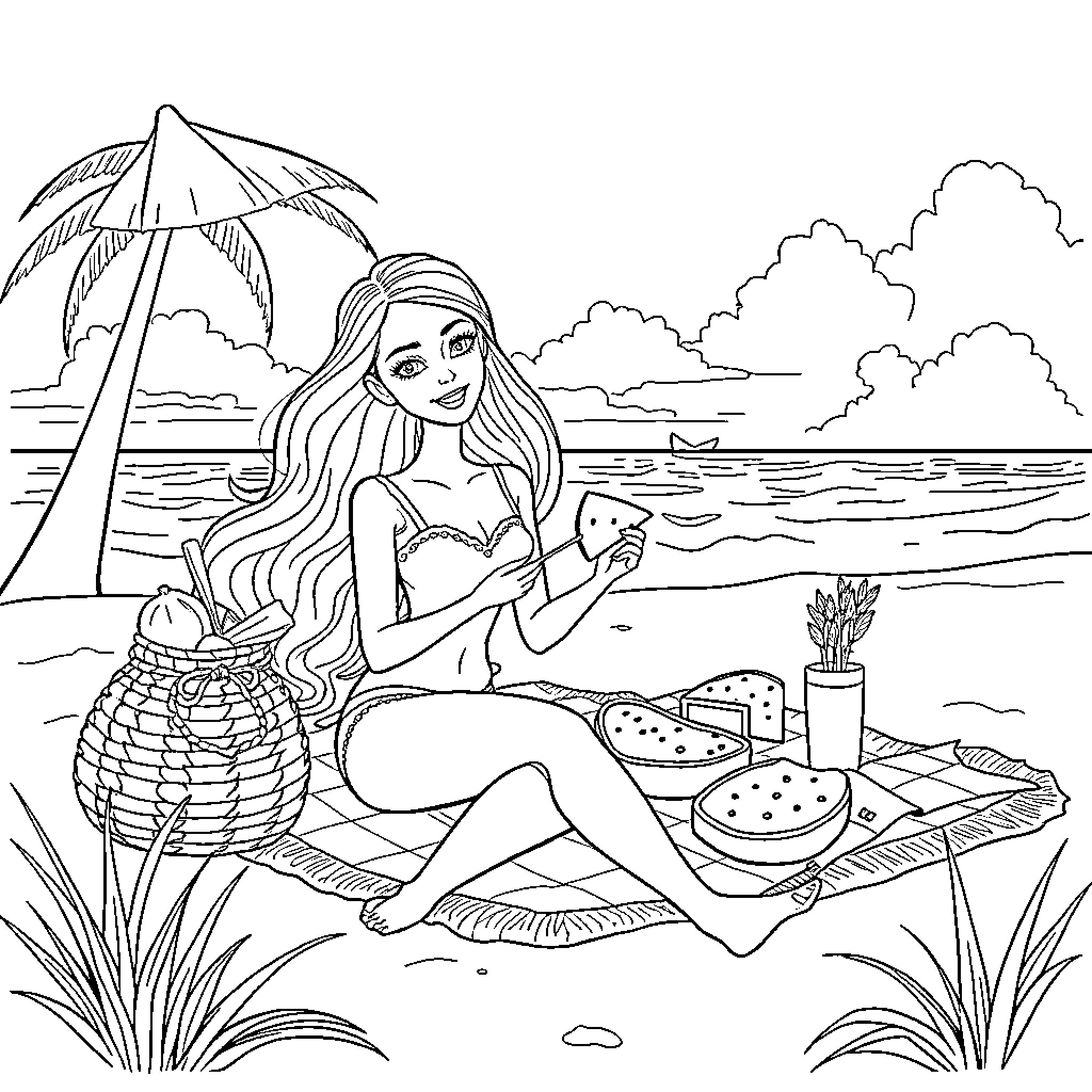 Barbie enjoying a picnic on the beach Coloring Page (free black-and-white line drawing printable PDF for all, from beginners to advanced learners, including children, teens, adults, and seniors)