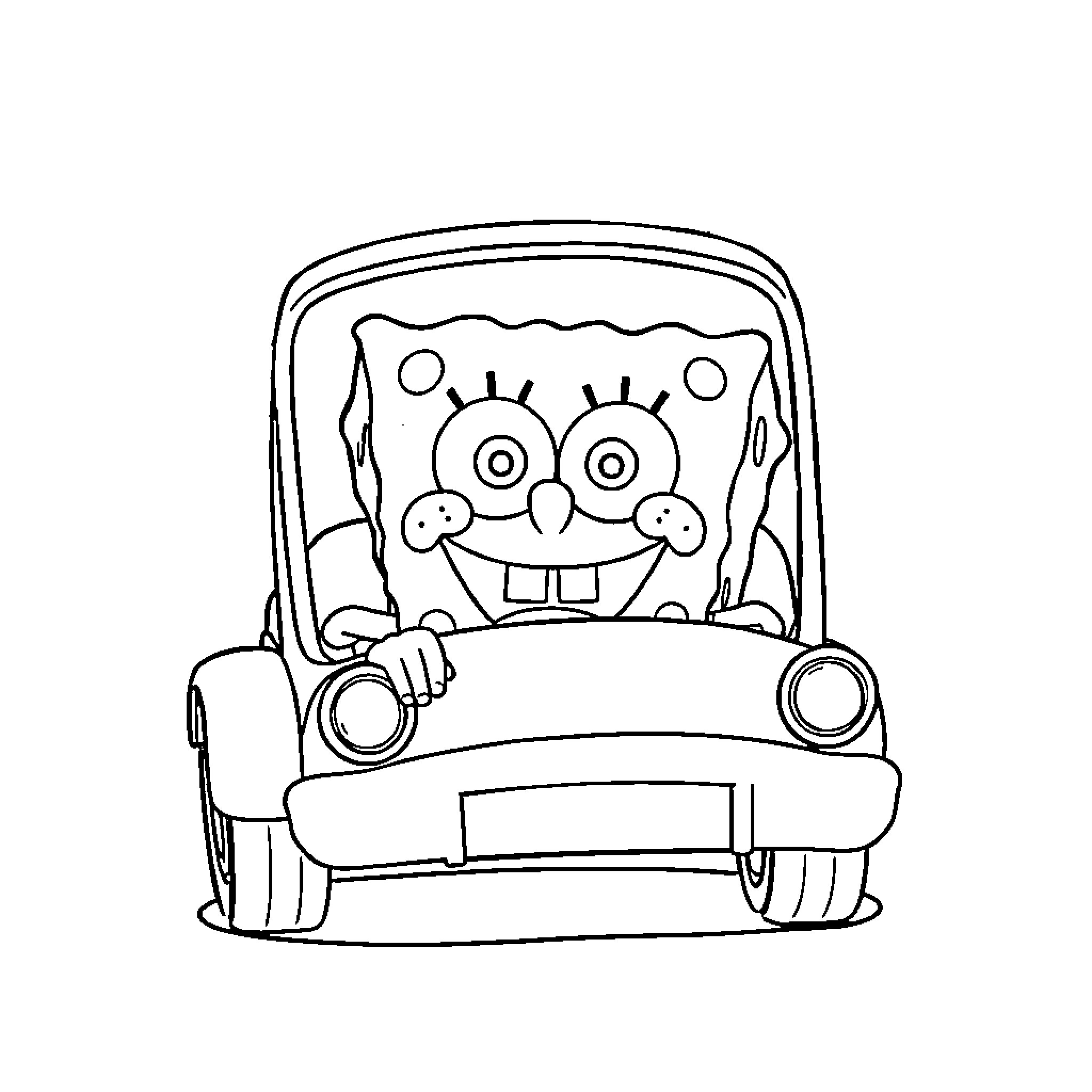 Spongebob driving in his car Coloring Page (free black-and-white line drawing printable PDF for all, from beginners to advanced learners, including children, teens, adults, and seniors)