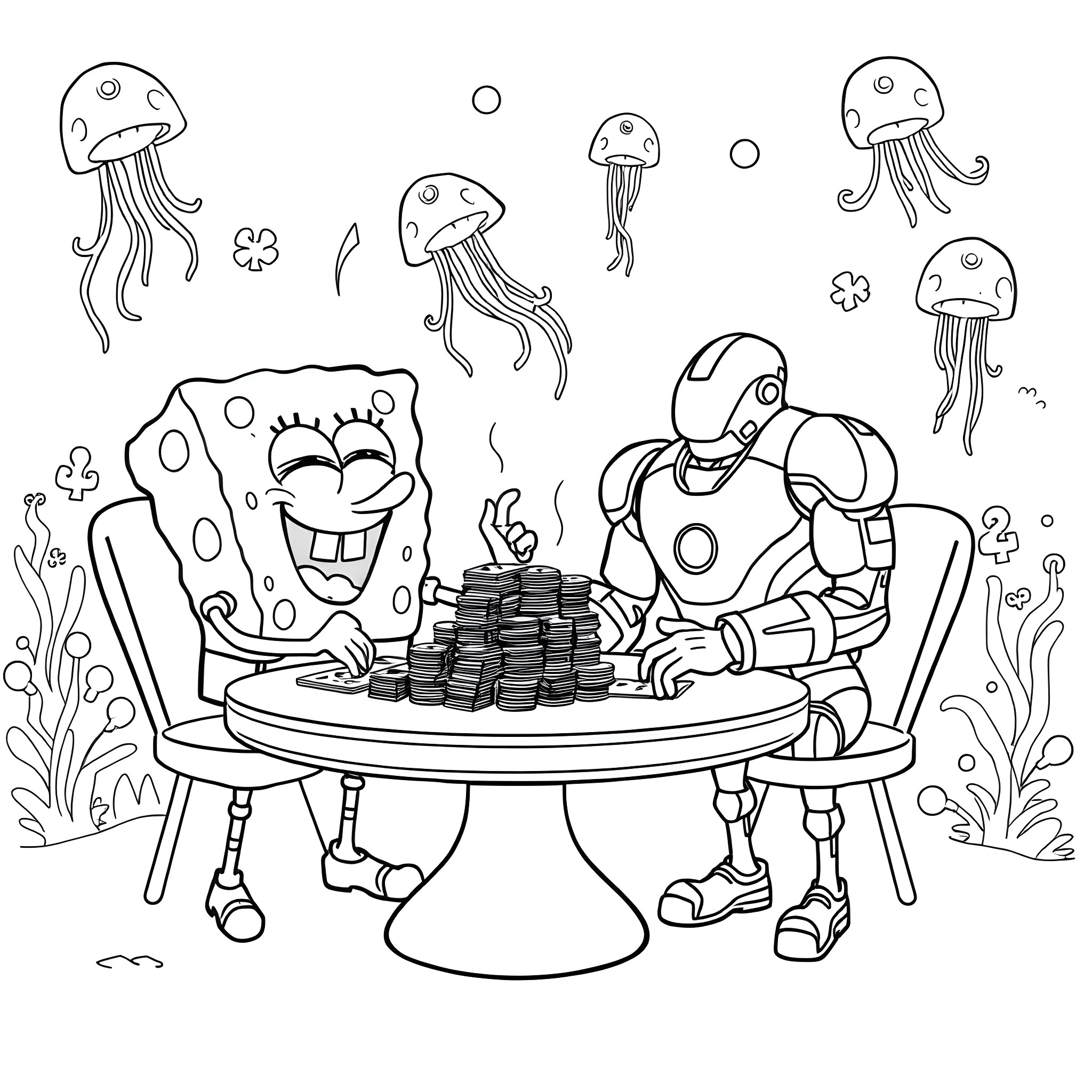 Spongebob and Robot Enjoying Underwater Relaxation Coloring Page (free black-and-white line drawing printable PDF for all, from beginners to advanced learners, including children, teens, adults, and seniors)