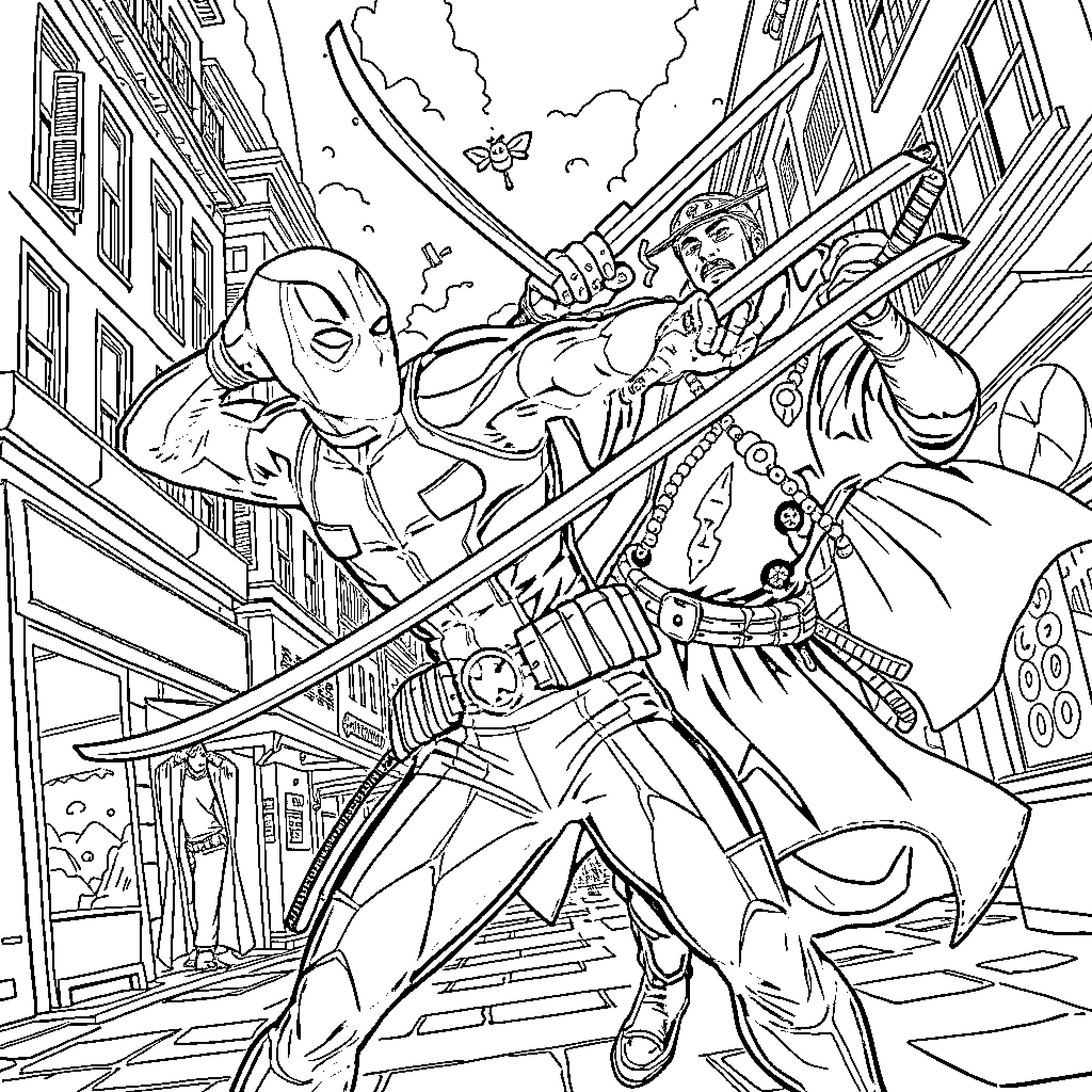 Deadpool's Chaotic Heroic Adventure in the City Coloring Page (free black-and-white line drawing printable PDF for all, from beginners to advanced learners, including children, teens, adults, and seniors)