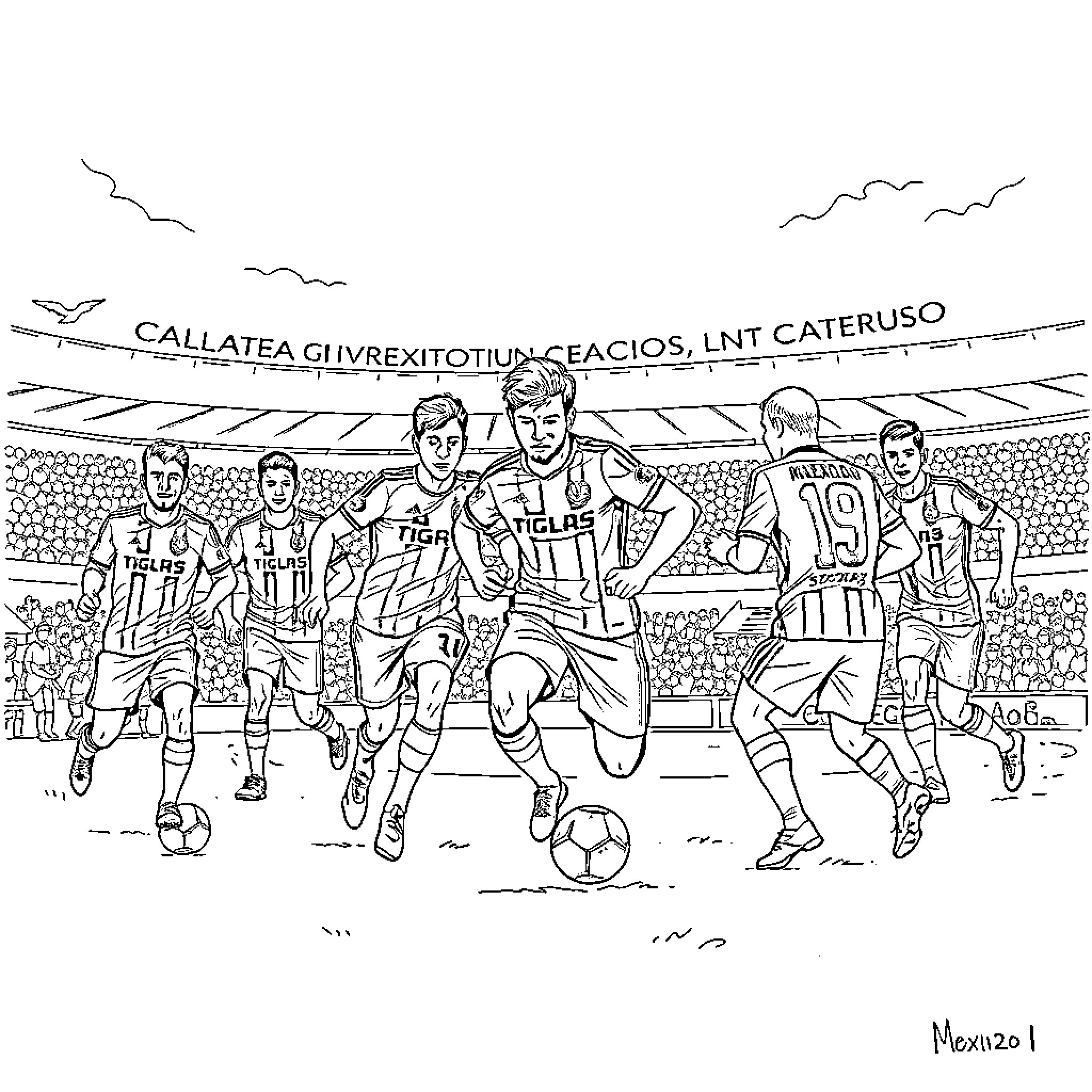 Tigers UANL soccer players in an intense match Coloring Page (free black-and-white line drawing printable PDF for all, from beginners to advanced learners, including children, teens, adults, and seniors)