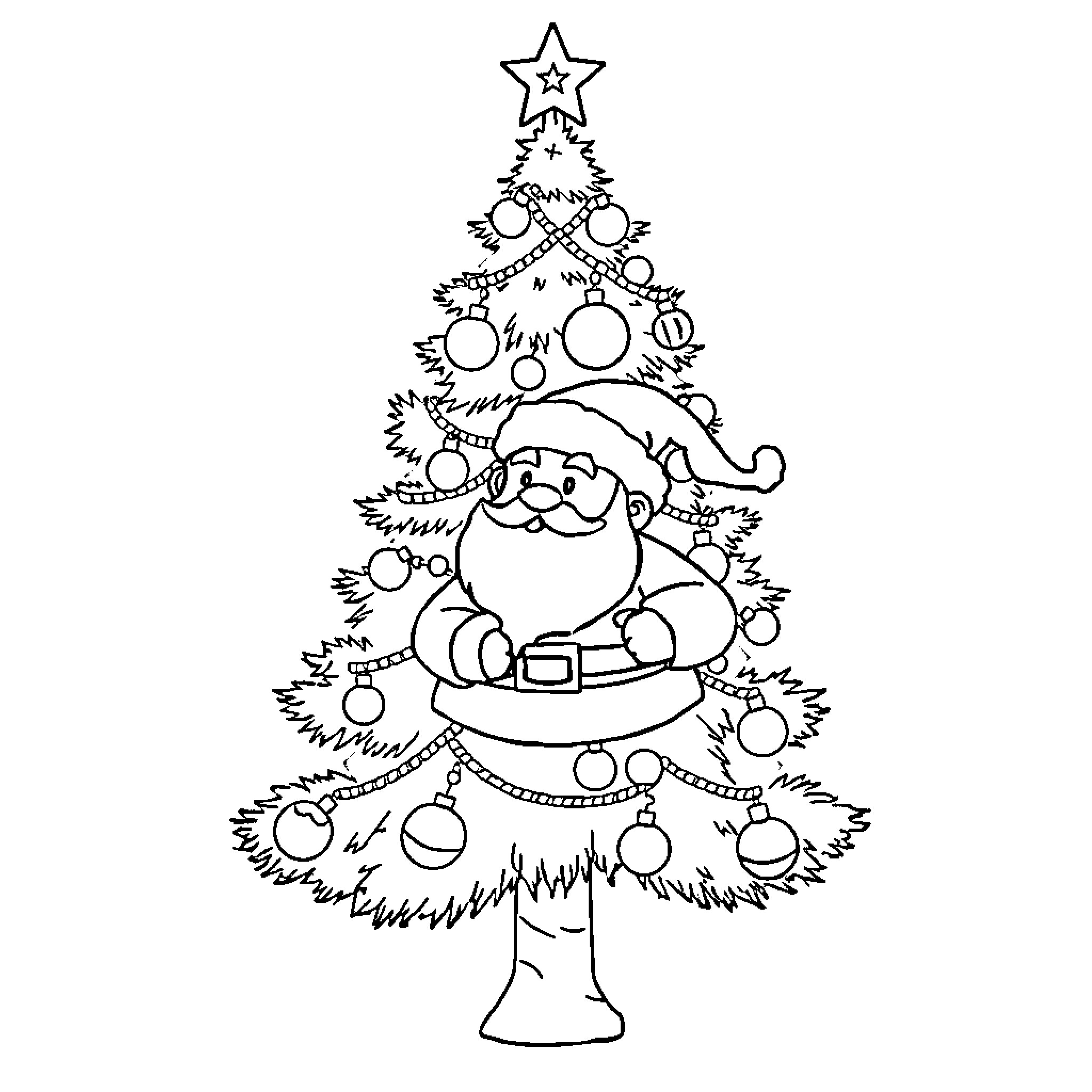 Christmas Tree with Smiling Santa and Ornaments Coloring Page (free black-and-white line drawing printable PDF for all, from beginners to advanced learners, including children, teens, adults, and seniors)