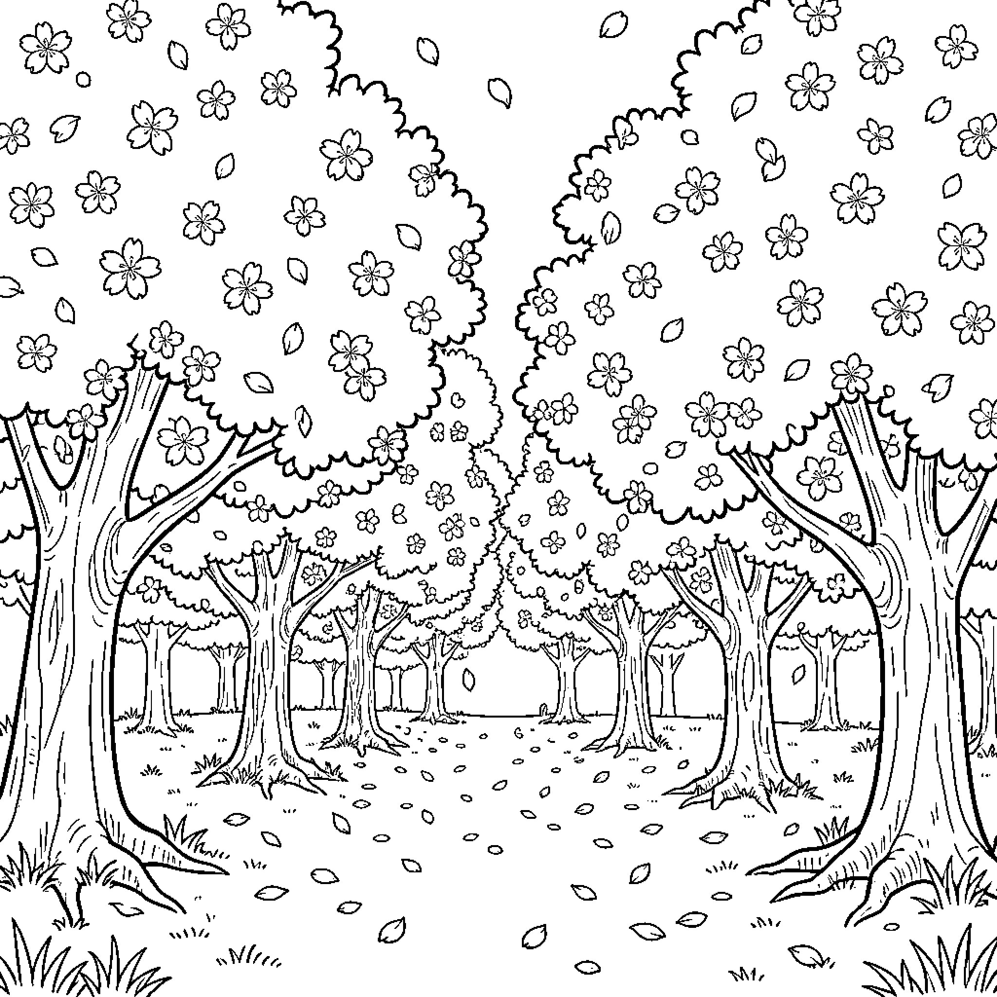 Sakura Blossoms in a Peaceful Forest Coloring Page (free black-and-white line drawing printable PDF for all, from beginners to advanced learners, including children, teens, adults, and seniors)