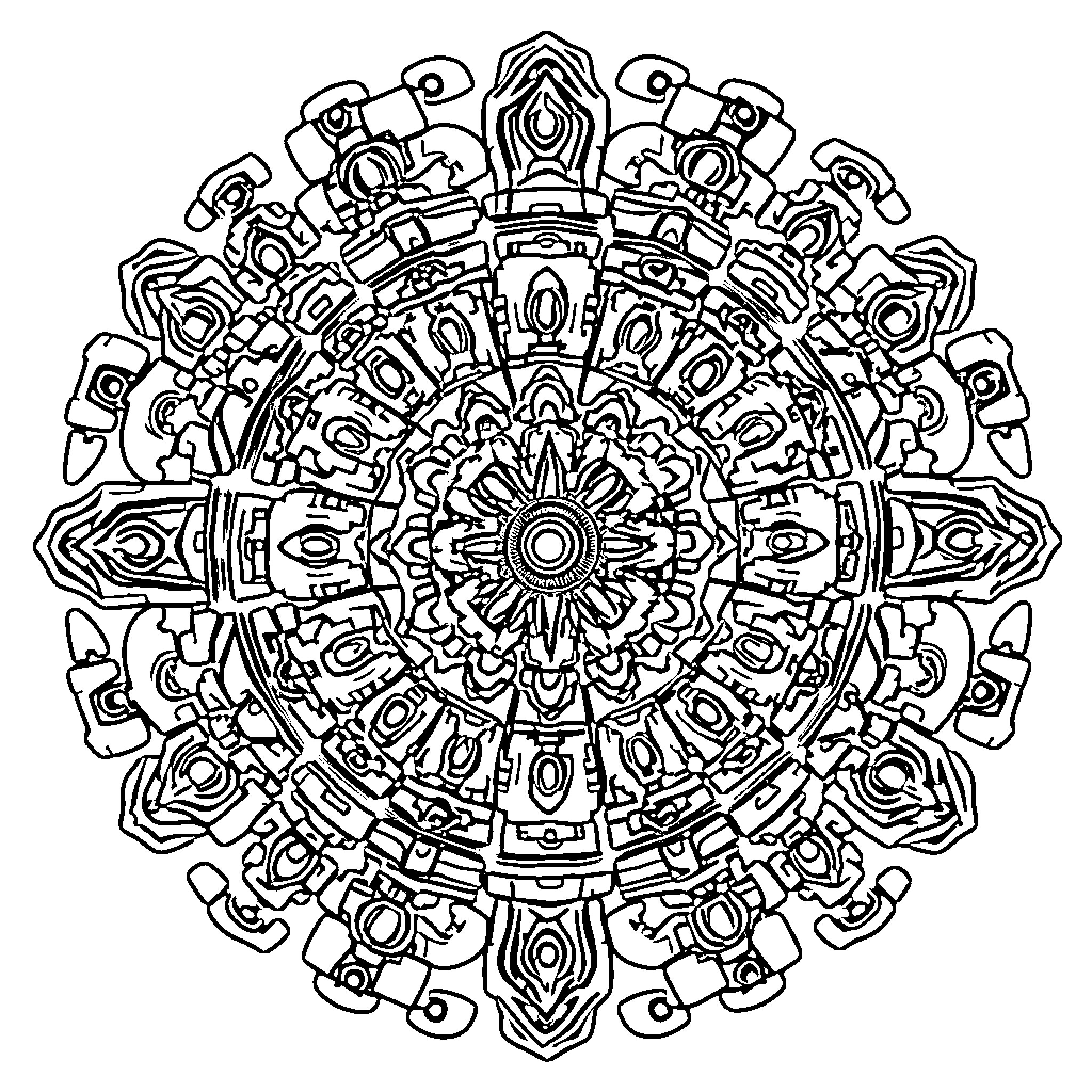 Mandala of intricate abstract shapes and patterns Coloring Page (free black-and-white line drawing printable PDF for all, from beginners to advanced learners, including children, teens, adults, and seniors)