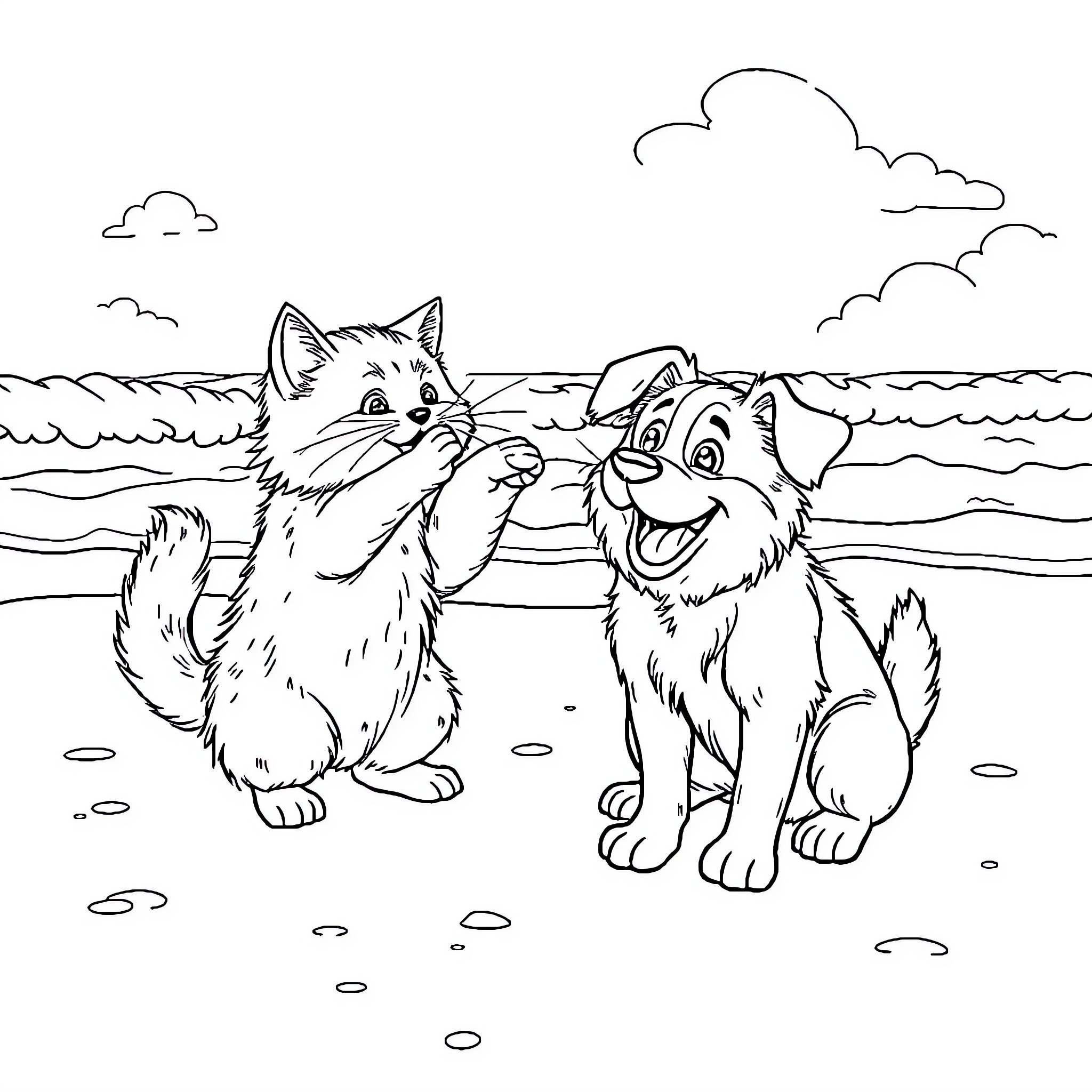 Cats enjoying the beach together Coloring Page (free black-and-white line drawing printable PDF for all, from beginners to advanced learners, including children, teens, adults, and seniors)