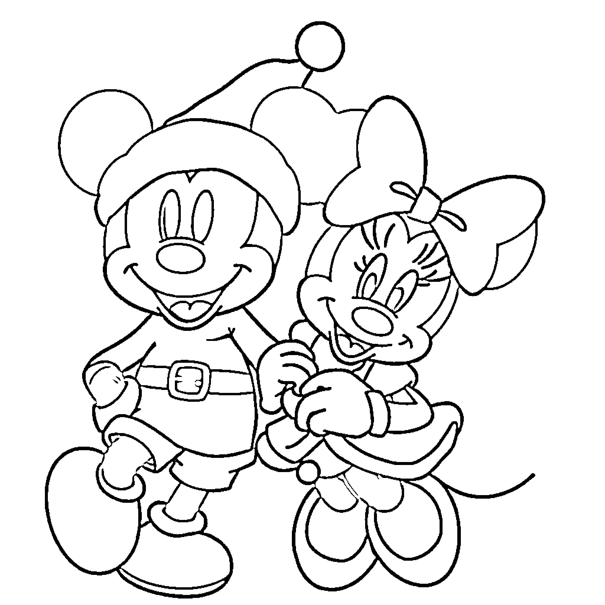 Mickey Mouse and Minnie Mouse in winter outfits Coloring Page (free black-and-white line drawing printable PDF for all, from beginners to advanced learners, including children, teens, adults, and seniors)