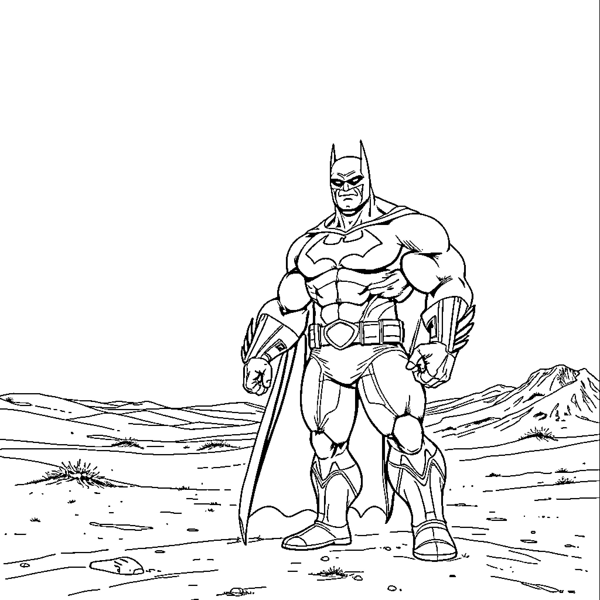 Batman Hulk stand heroically in the desert Coloring Page (free black-and-white line drawing printable PDF for all, from beginners to advanced learners, including children, teens, adults, and seniors)