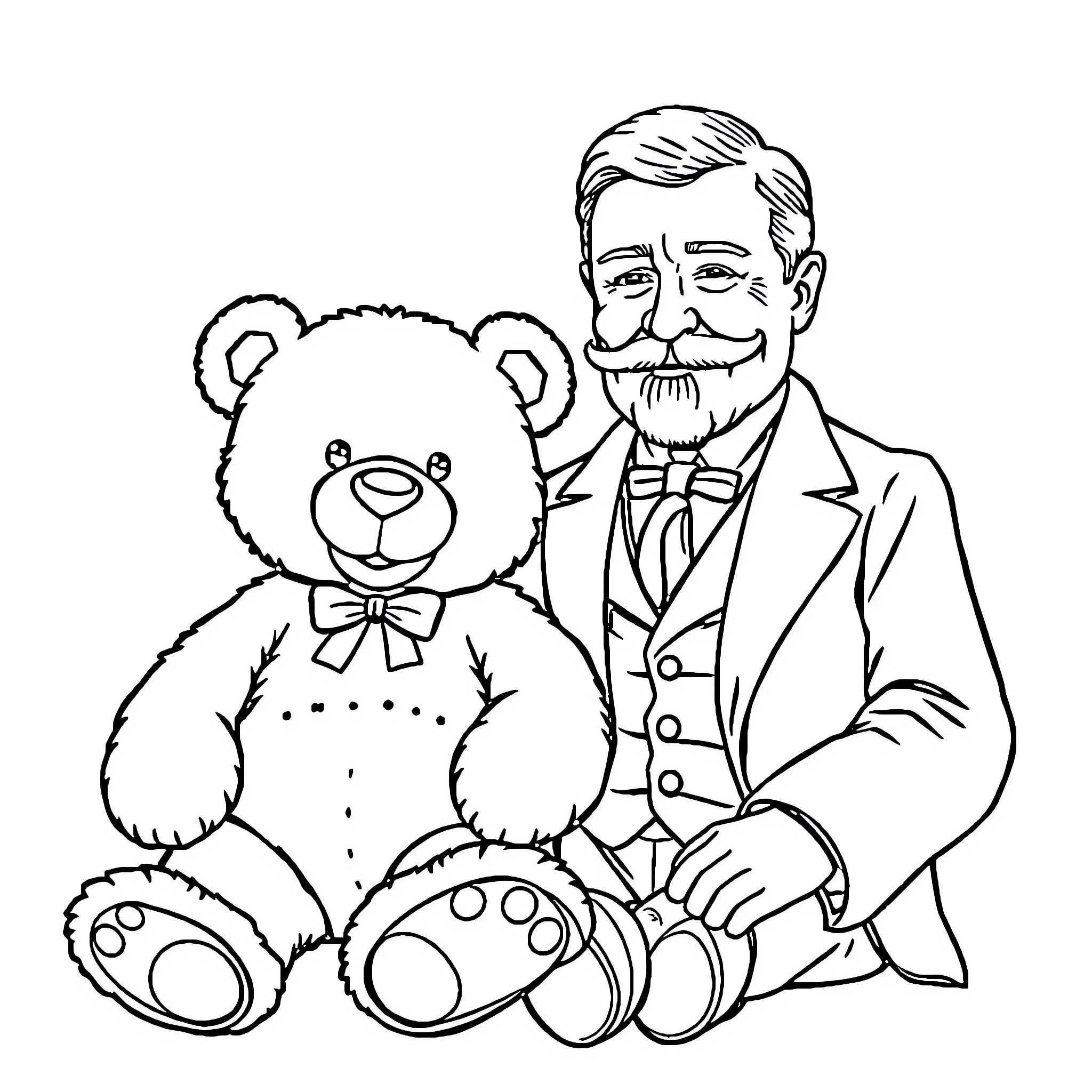 Teddy Bear and Gentleman in Formal Attire Coloring Page (free black-and-white line drawing printable PDF for all, from beginners to advanced learners, including children, teens, adults, and seniors)