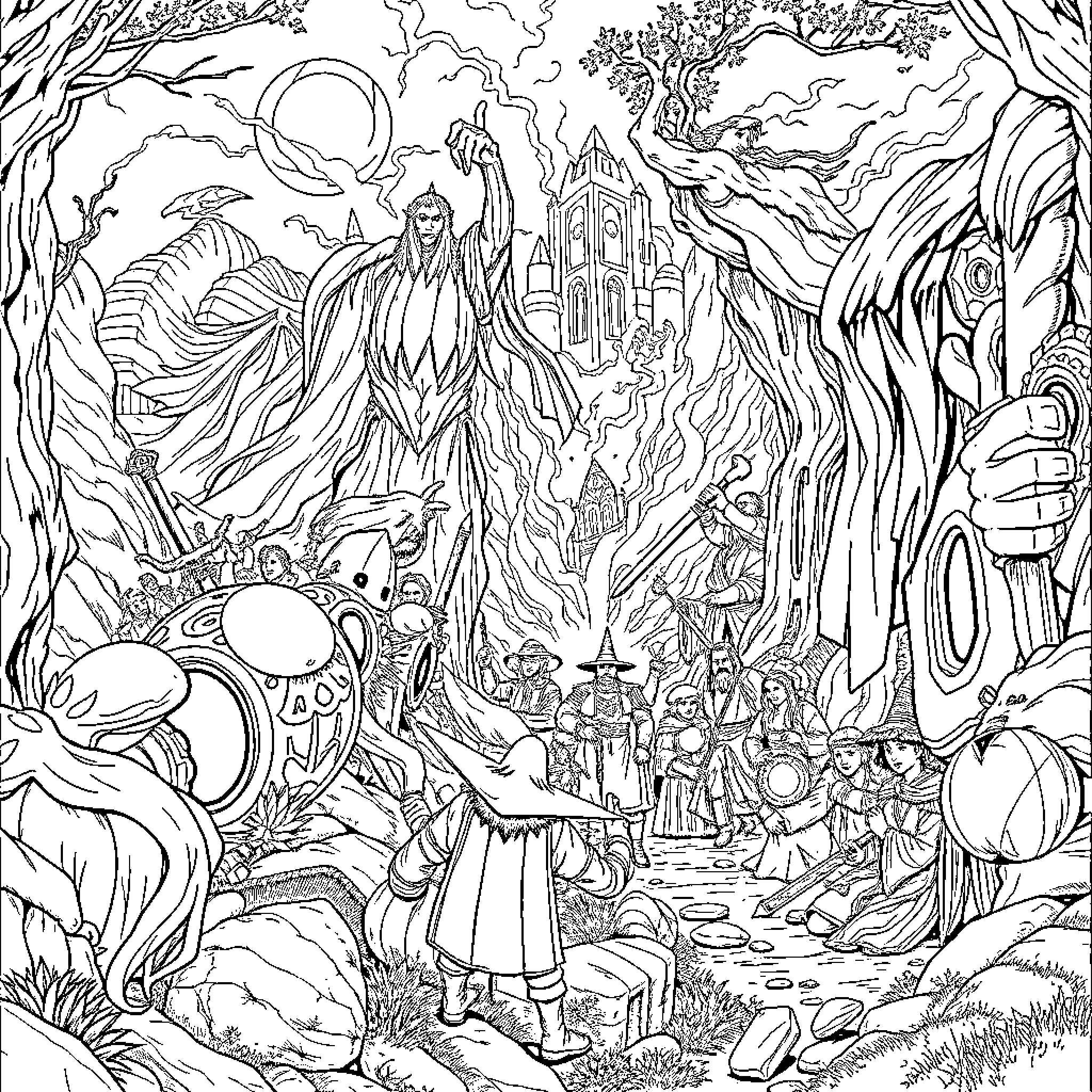 Lord of the Rings: Mystical Fantasy Adventure Coloring Page (free black-and-white line drawing printable PDF for all, from beginners to advanced learners, including children, teens, adults, and seniors)