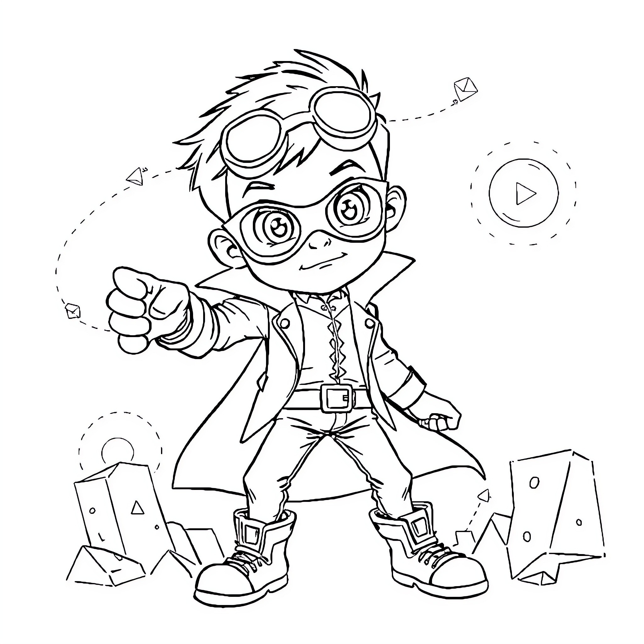 Ejen Ali in a playful and adventurous scene Coloring Page (free black-and-white line drawing printable PDF for all, from beginners to advanced learners, including children, teens, adults, and seniors)
