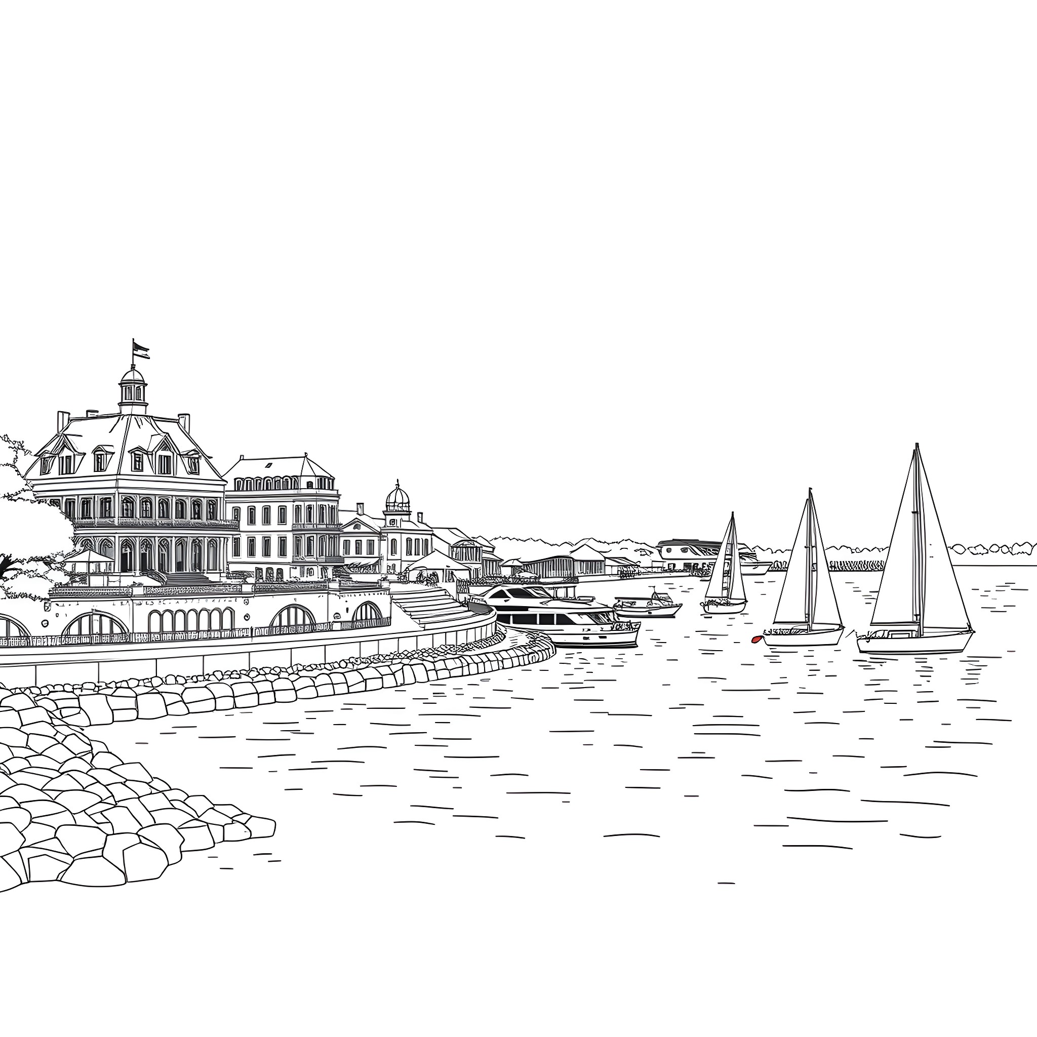 Newport Coastal Landscape with Sailboats Coloring Page (free black-and-white line drawing printable PDF for all, from beginners to advanced learners, including children, teens, adults, and seniors)