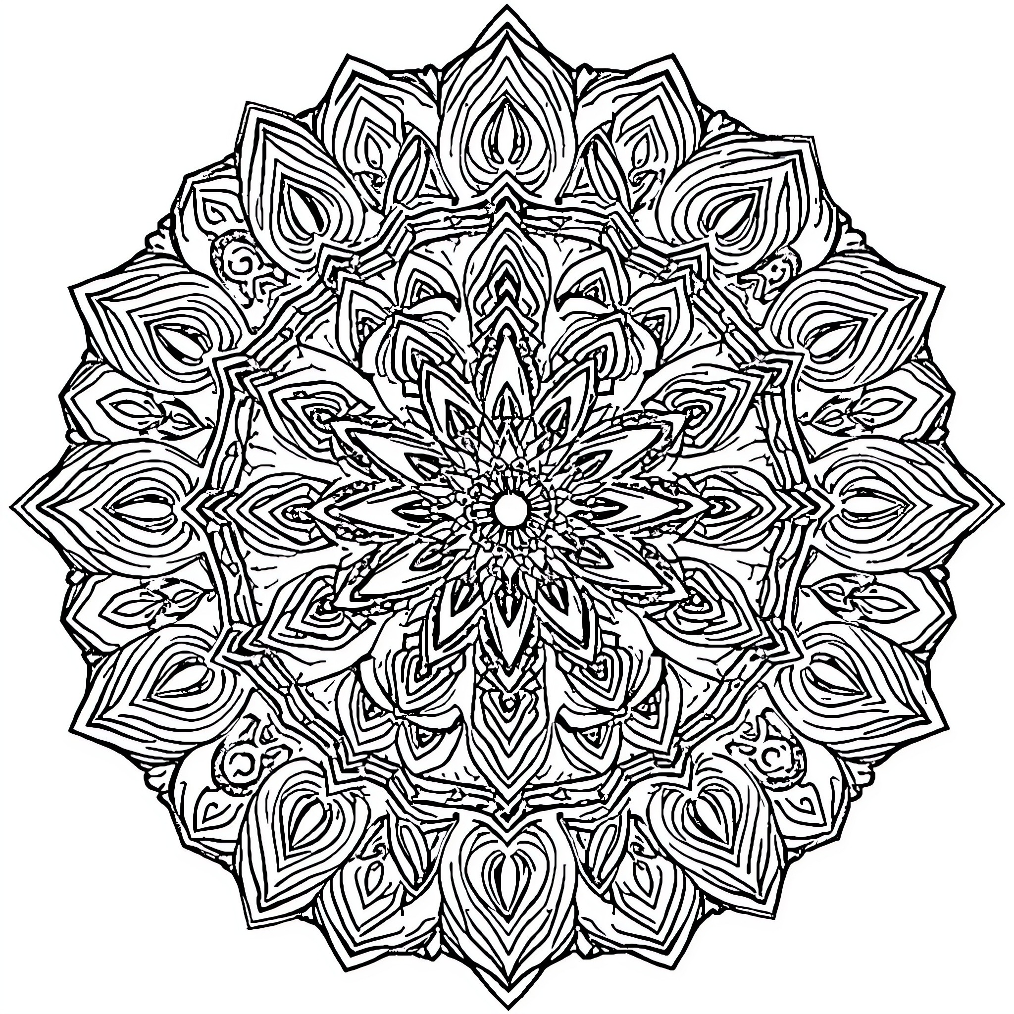 Mandala of intricate geometric patterns and symmetrical designs Coloring Page (free black-and-white line drawing printable PDF for all, from beginners to advanced learners, including children, teens, adults, and seniors)