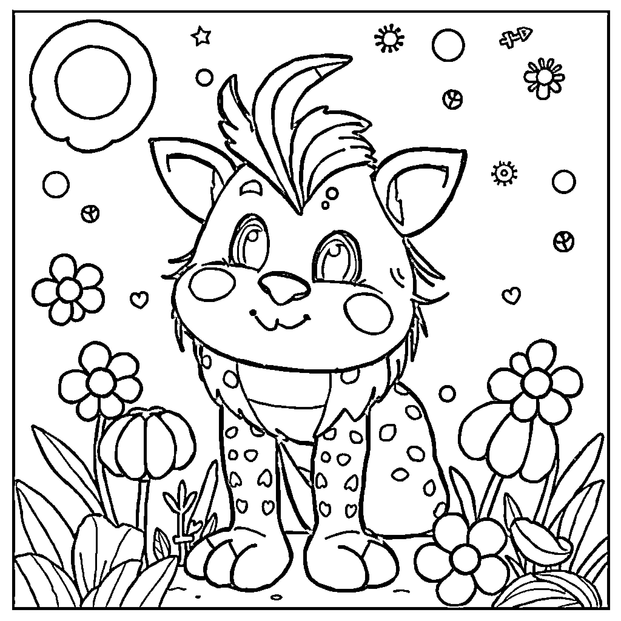 Child's Cute Creature Playing in Flowers Coloring Page (free black-and-white line drawing printable PDF for all, from beginners to advanced learners, including children, teens, adults, and seniors)