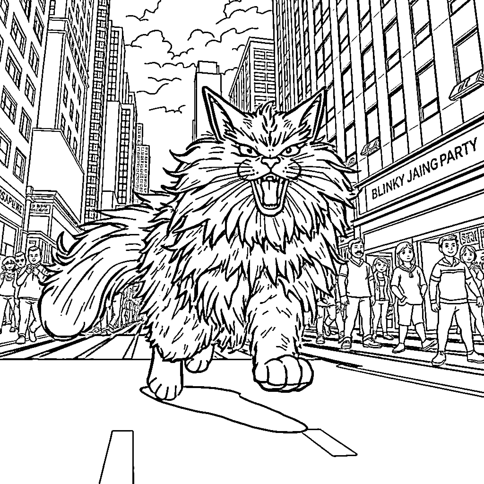Cat crashing a party in the city Coloring Page (free black-and-white line drawing printable PDF for all, from beginners to advanced learners, including children, teens, adults, and seniors)