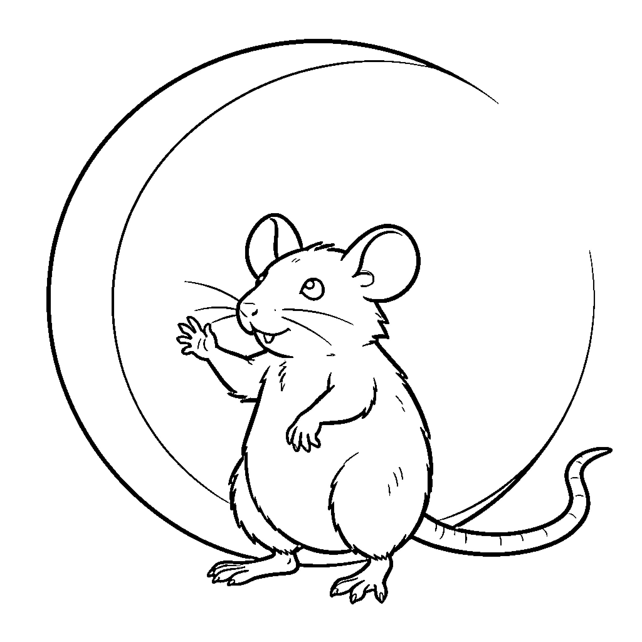 Ratón waving happily in front of the moon Coloring Page (free black-and-white line drawing printable PDF for all, from beginners to advanced learners, including children, teens, adults, and seniors)