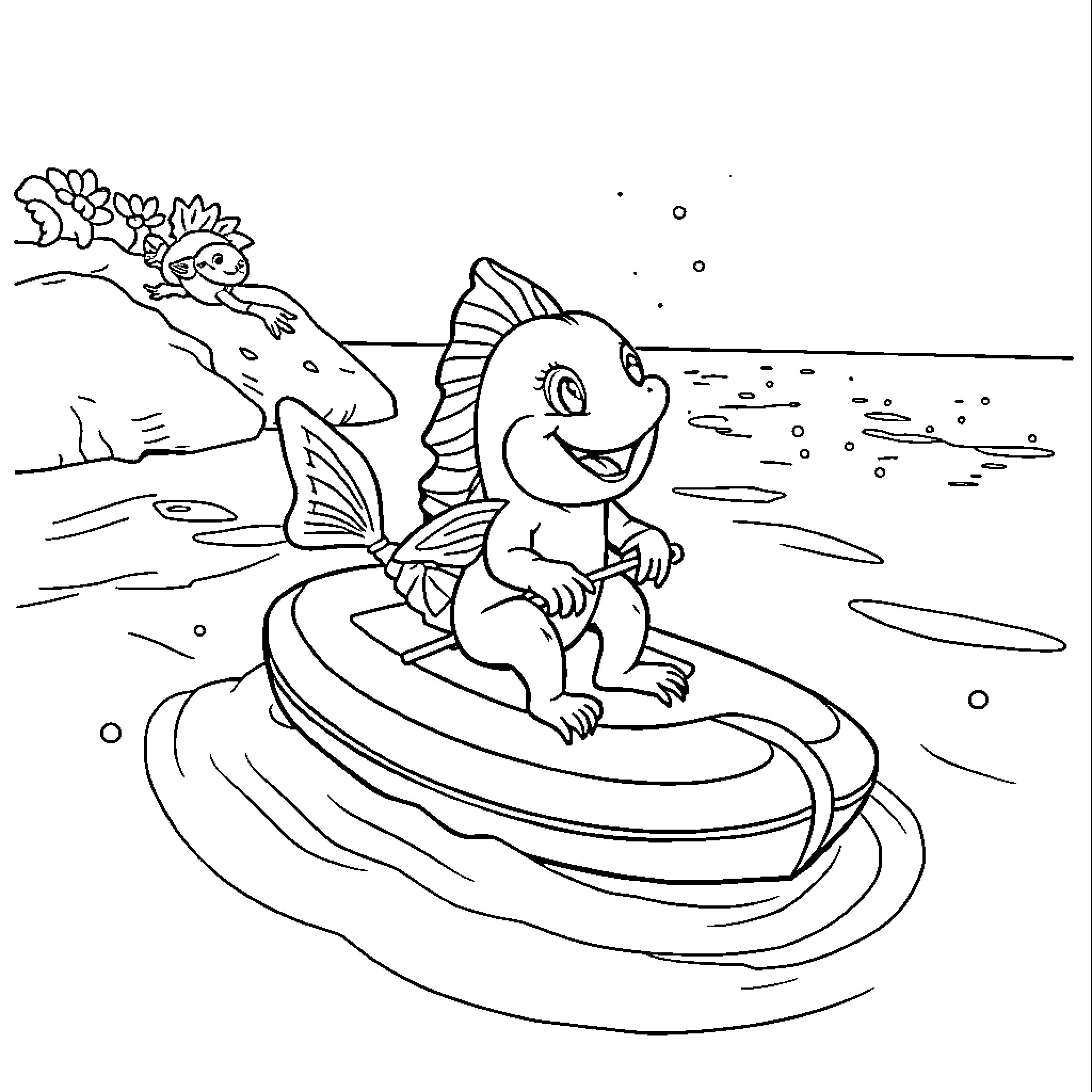 Bebefin playing happily in a boat on the lake Coloring Page (free black-and-white line drawing printable PDF for all, from beginners to advanced learners, including children, teens, adults, and seniors)