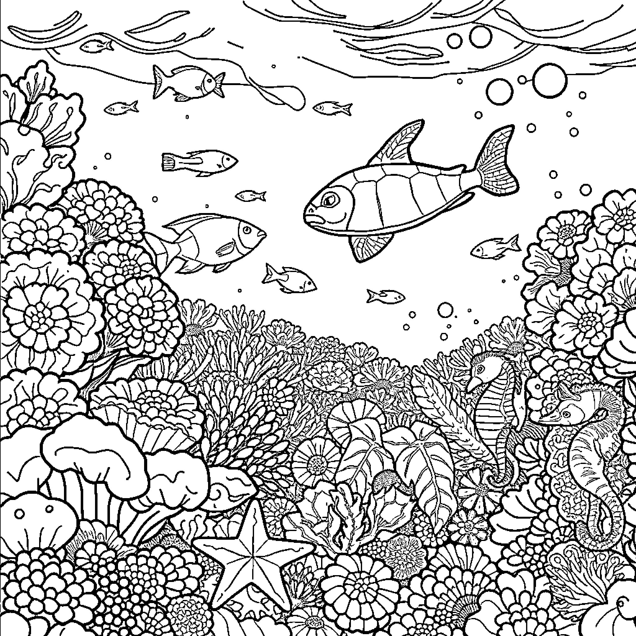 Coral reef with vibrant marine life Coloring Page (free black-and-white line drawing printable PDF for all, from beginners to advanced learners, including children, teens, adults, and seniors)