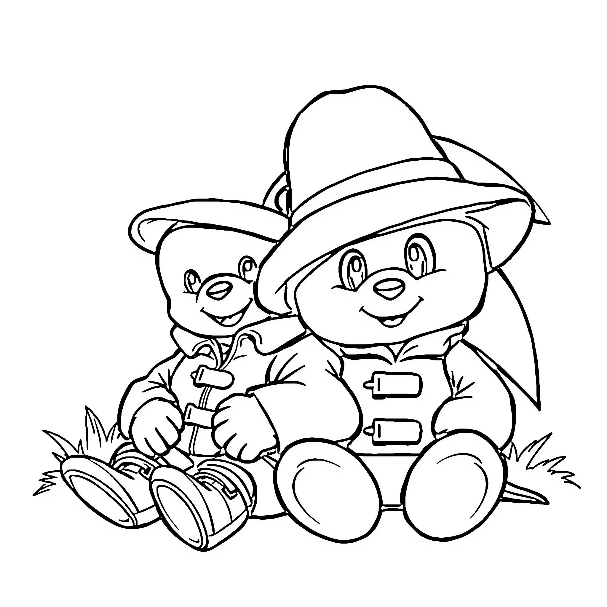 Paddington Bear and friend in whimsical outdoors scene Coloring Page (free black-and-white line drawing printable PDF for all, from beginners to advanced learners, including children, teens, adults, and seniors)