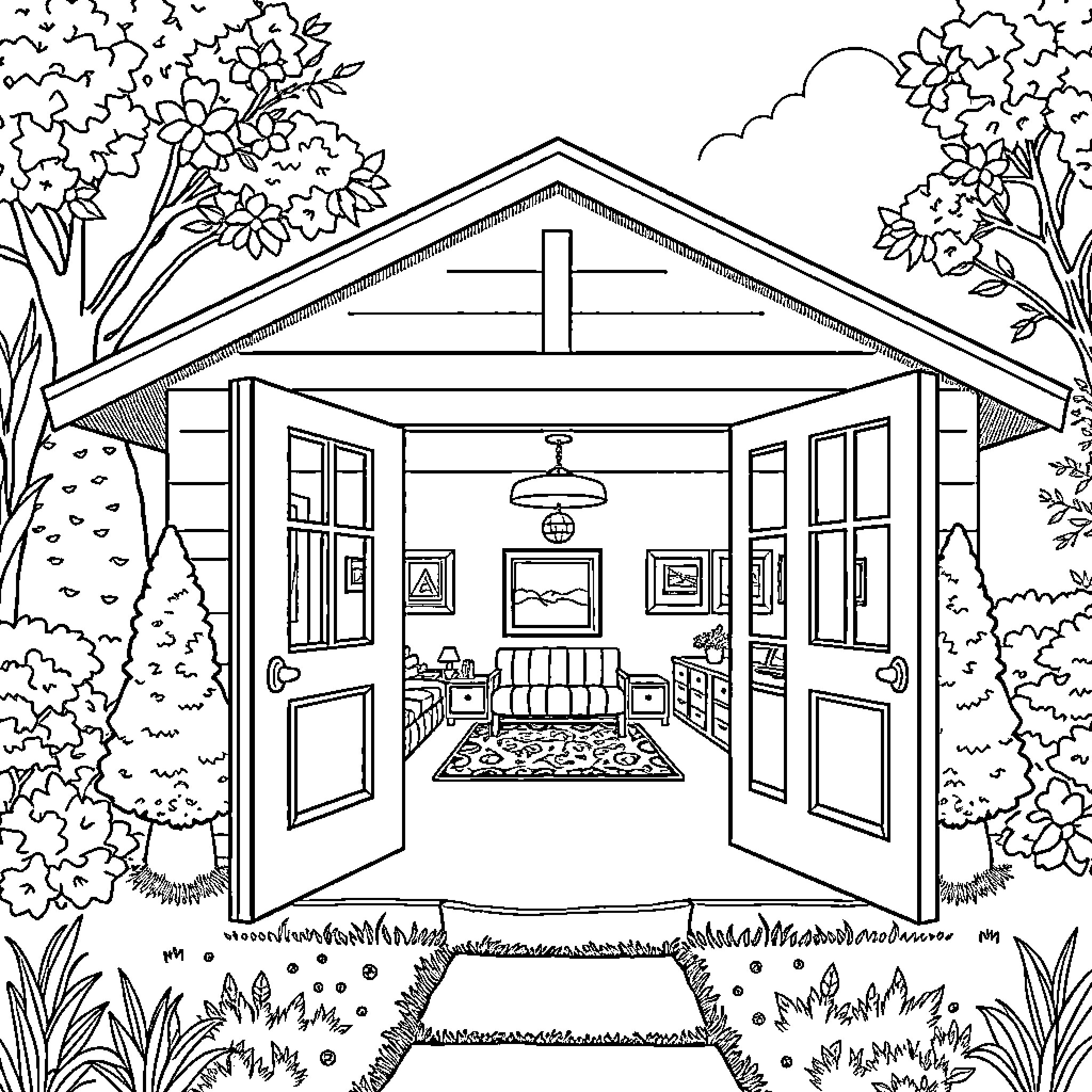 House with Open Doors Revealing Interior Coloring Page (free black-and-white line drawing printable PDF for all, from beginners to advanced learners, including children, teens, adults, and seniors)