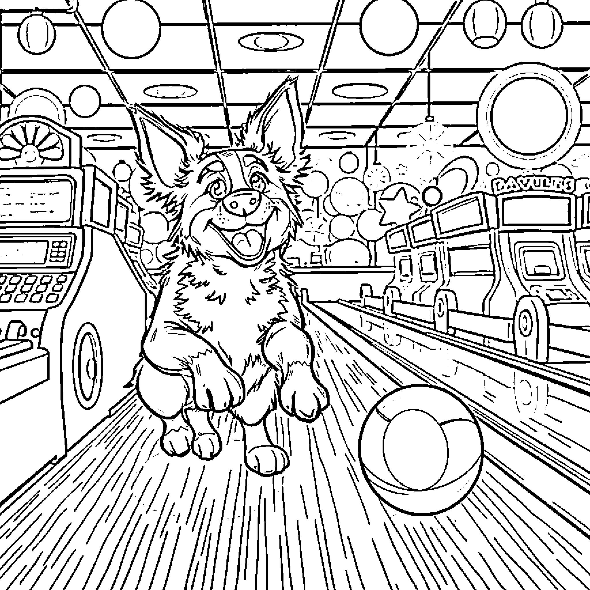 Bluey's Colorful Bowling Adventure Coloring Page (free black-and-white line drawing printable PDF for all, from beginners to advanced learners, including children, teens, adults, and seniors)