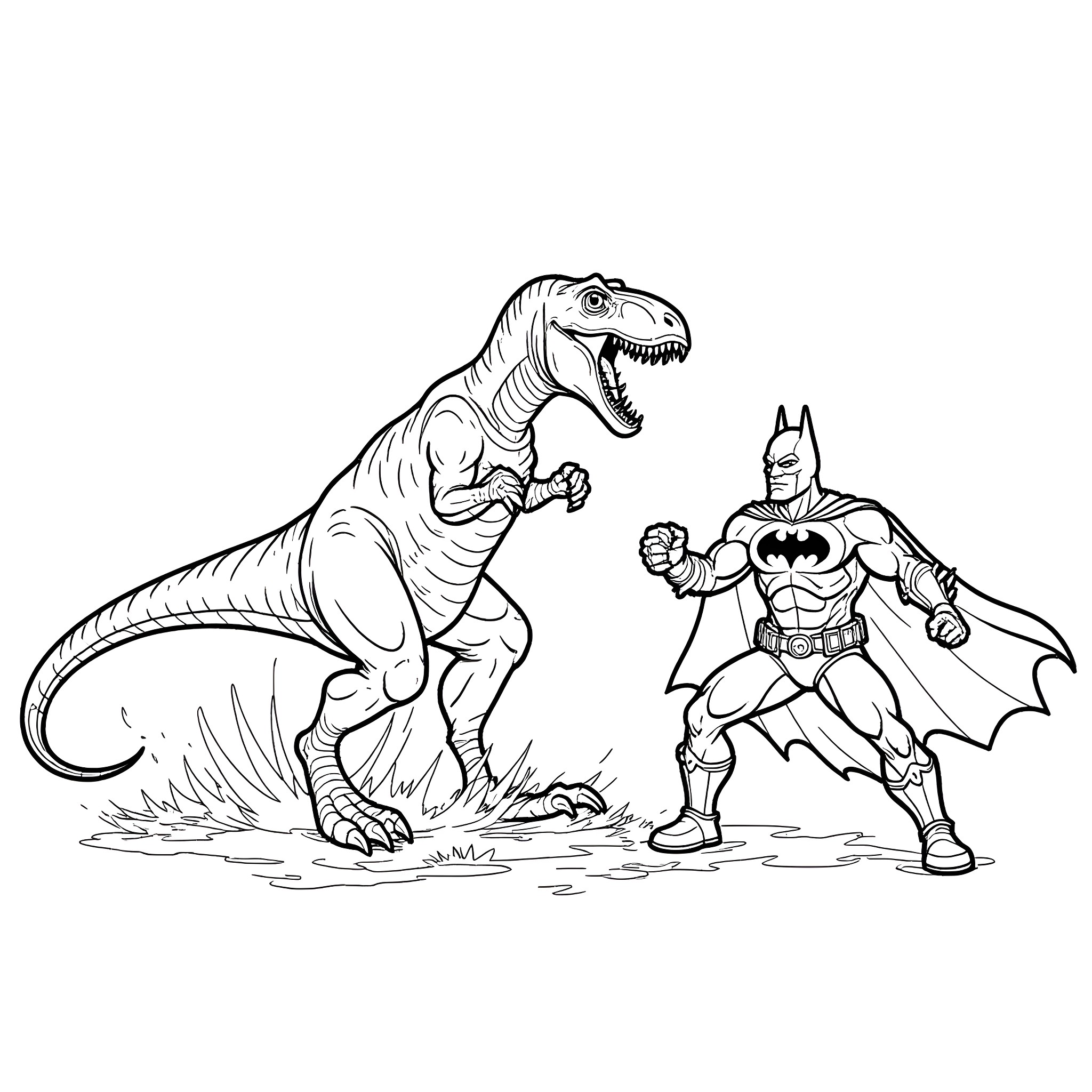 Dinosaur in combat with a superhero Coloring Page (free black-and-white line drawing printable PDF for all, from beginners to advanced learners, including children, teens, adults, and seniors)